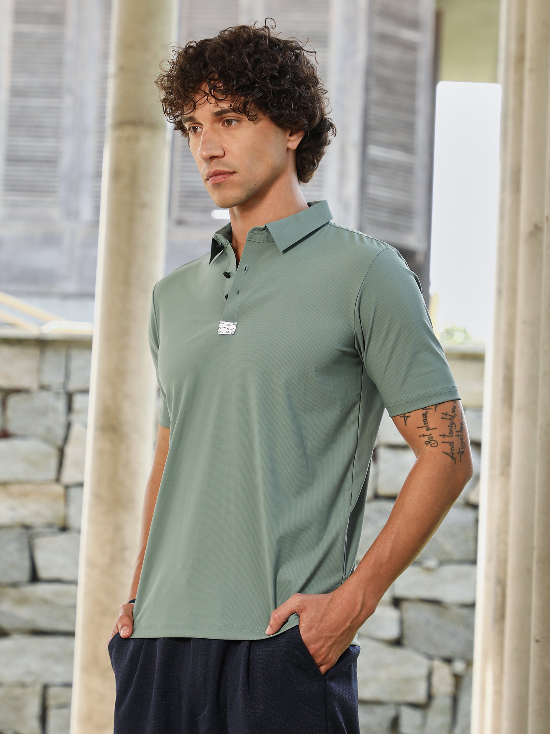 Men Green Seamless Waffle Polo