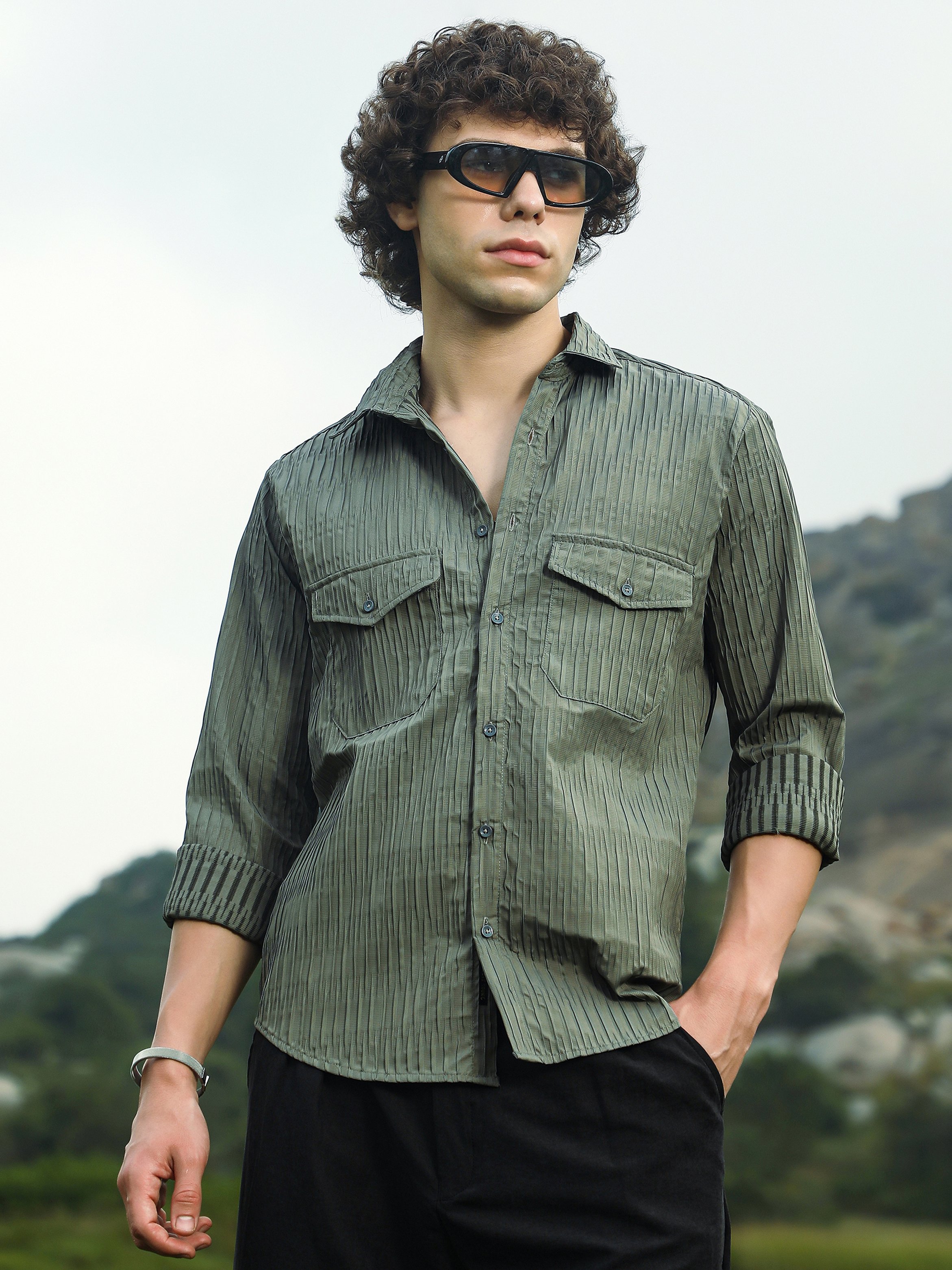 Men Moon Grey Crimp-Tactile Utility Shirt