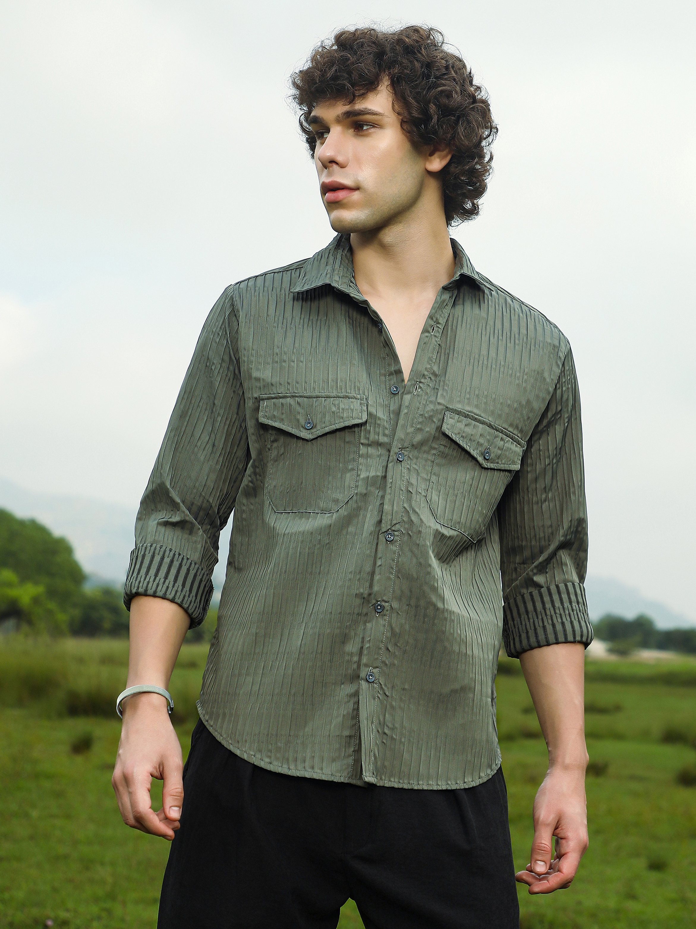 Men Moon Grey Crimp-Tactile Utility Shirt
