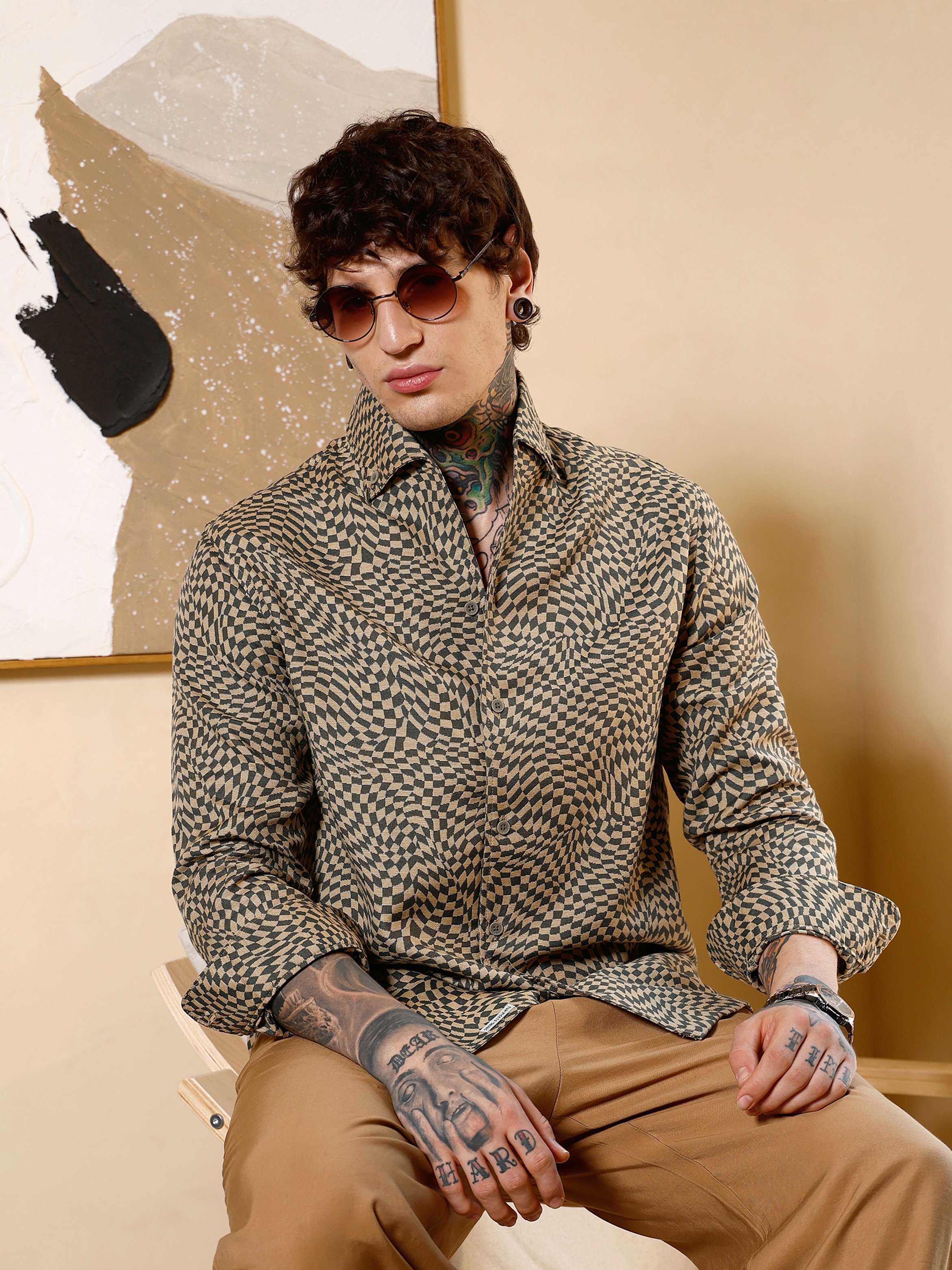 Men Beige Checked Jacquard Shirt