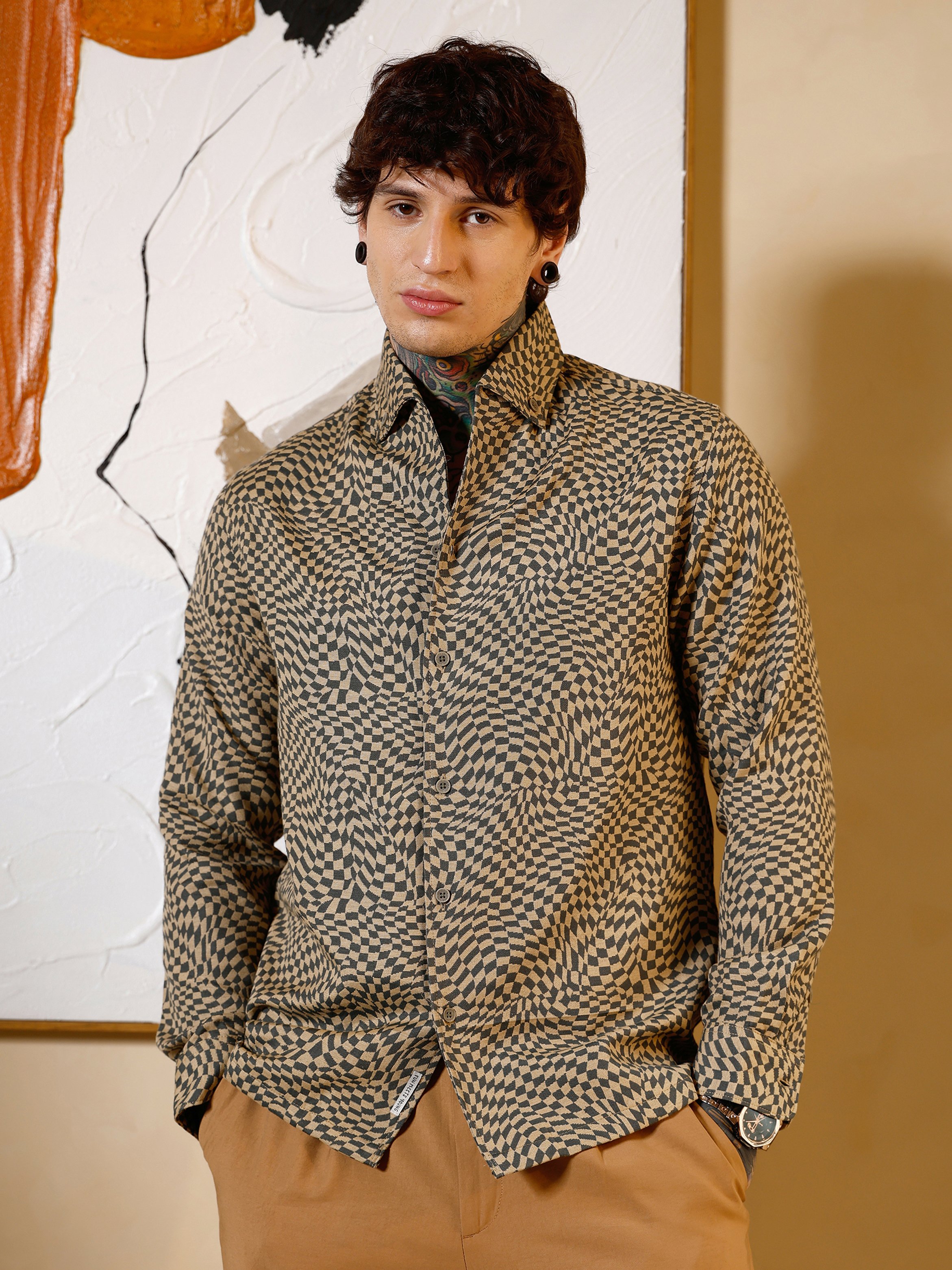 Men Beige Checked Jacquard Shirt