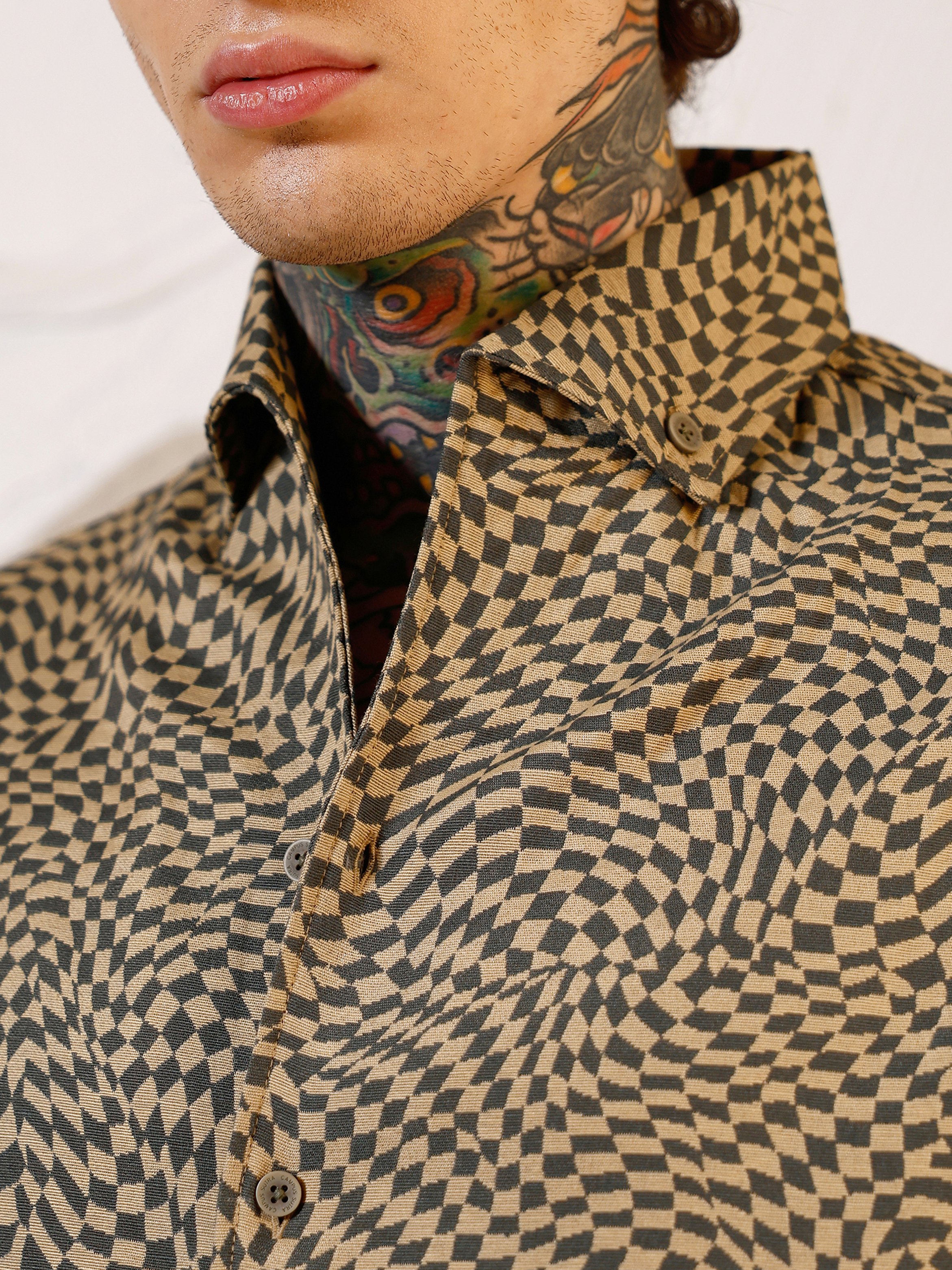 Men Beige Checked Jacquard Shirt