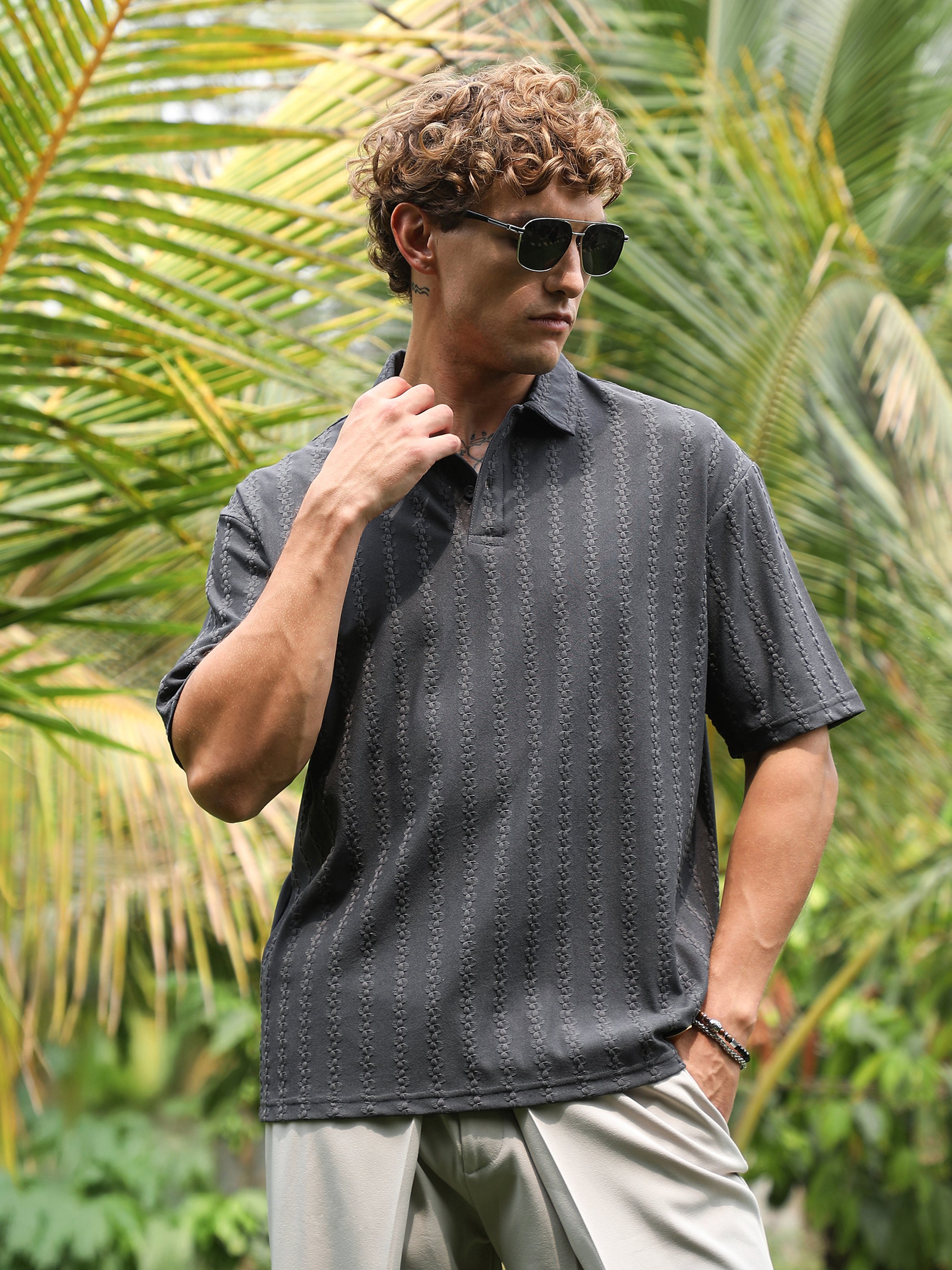 Men Grey Textured Short Sleeve Polo