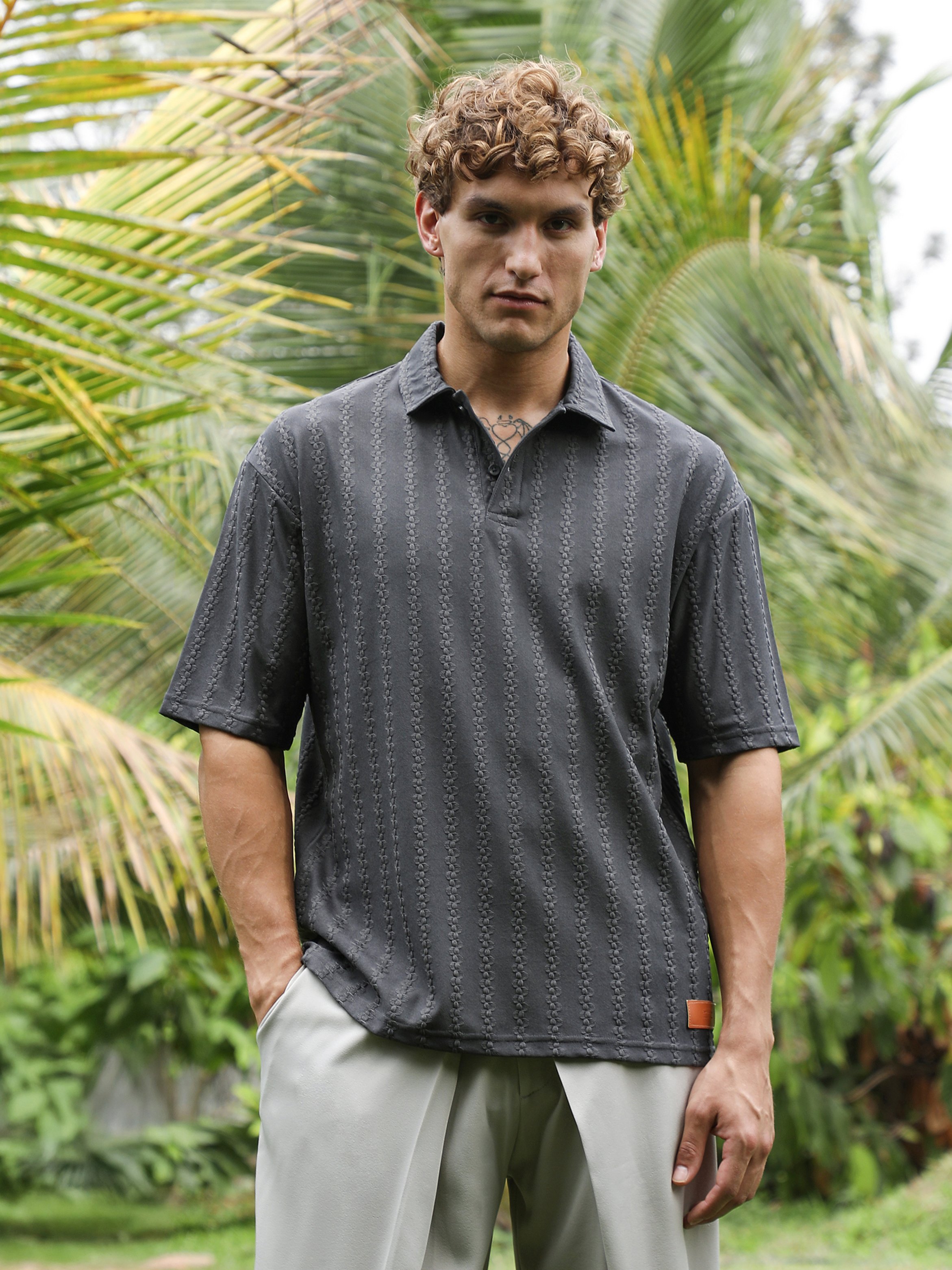 Men Grey Textured Short Sleeve Polo