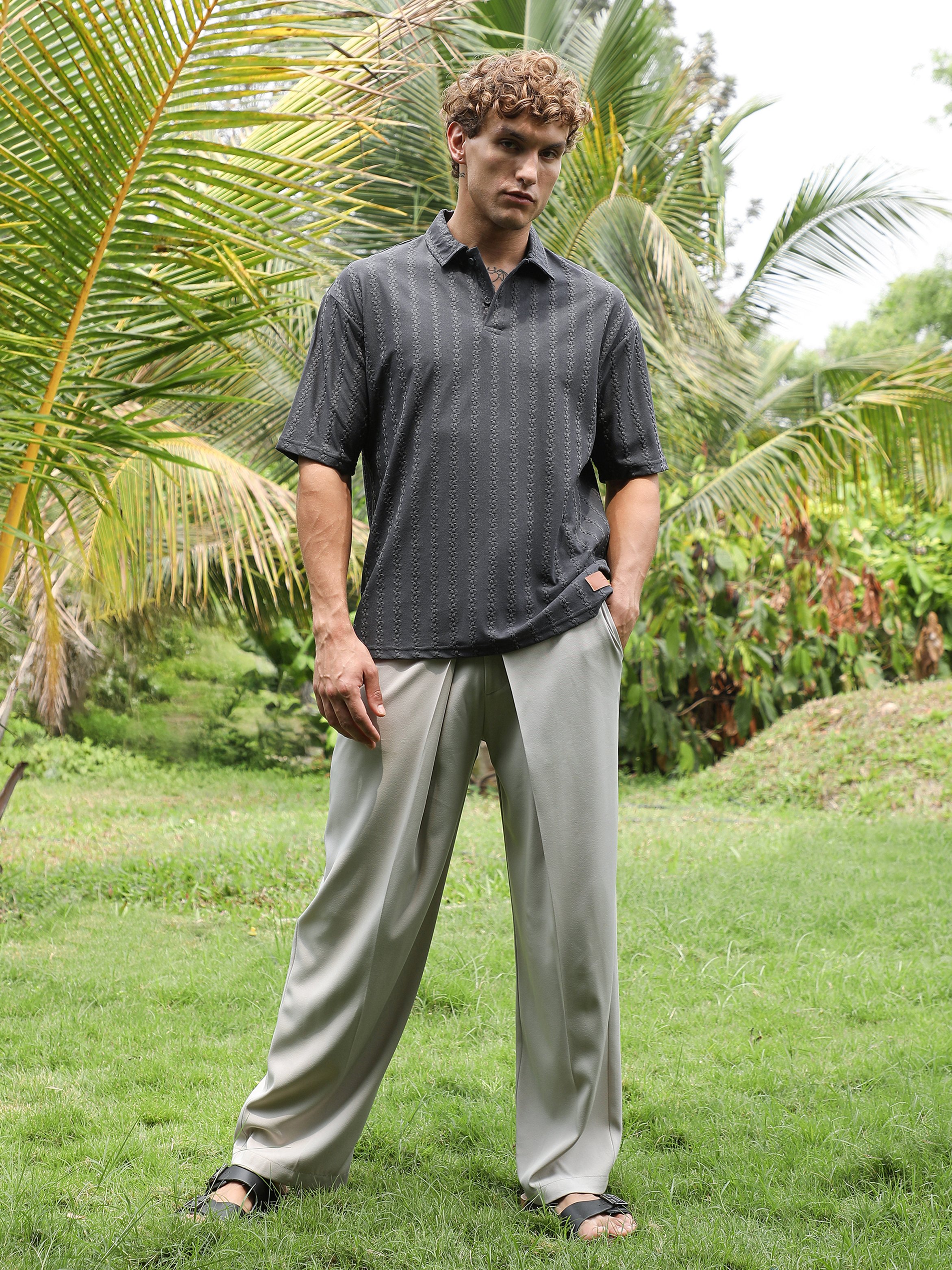 Men Grey Textured Short Sleeve Polo