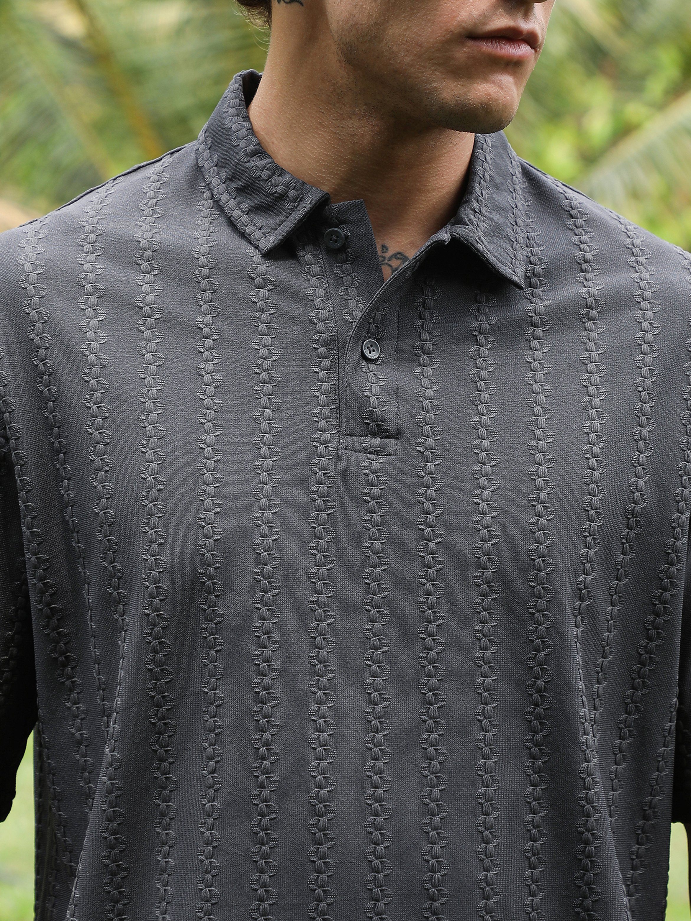 Men Grey Textured Short Sleeve Polo