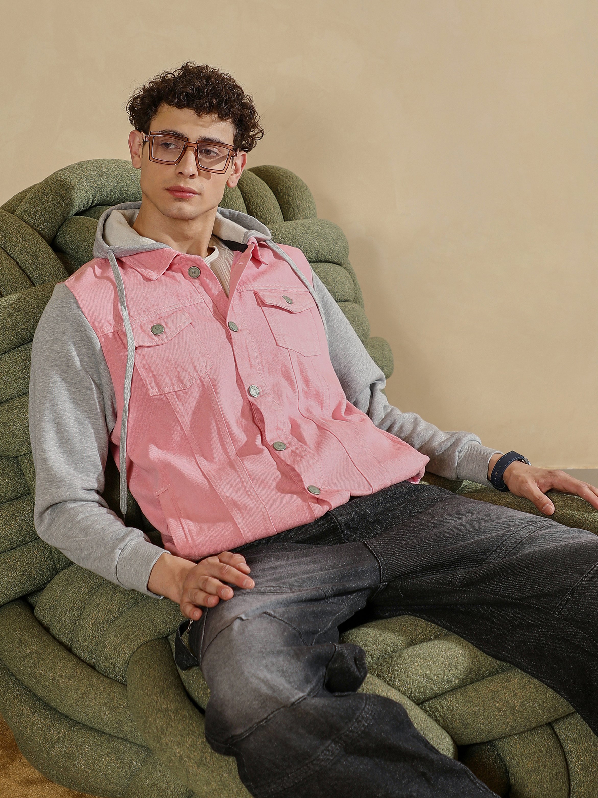 Men Pink Color Block-Sweatshirt Denim Jacket