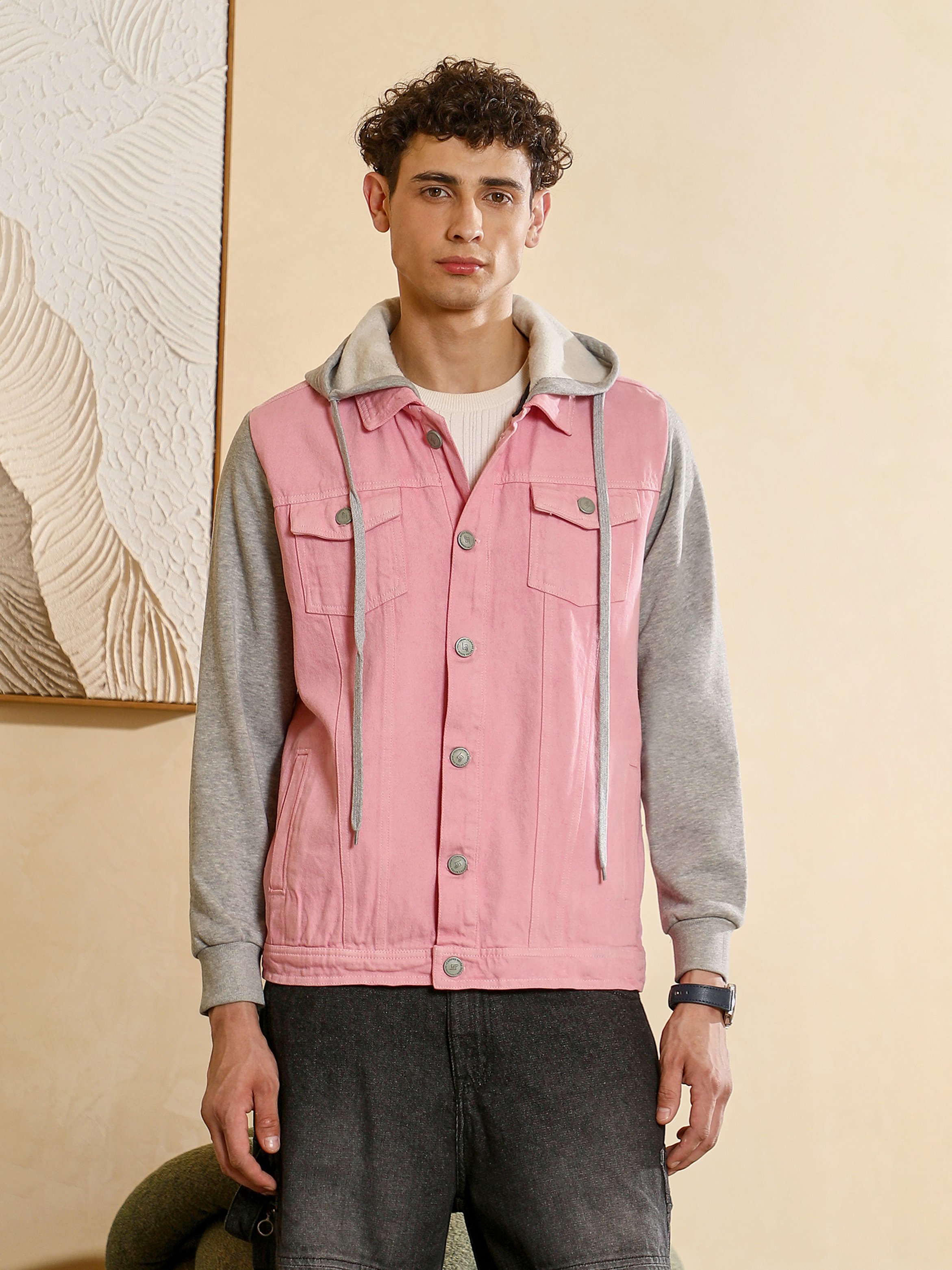 Men Pink Color Block-Sweatshirt Denim Jacket