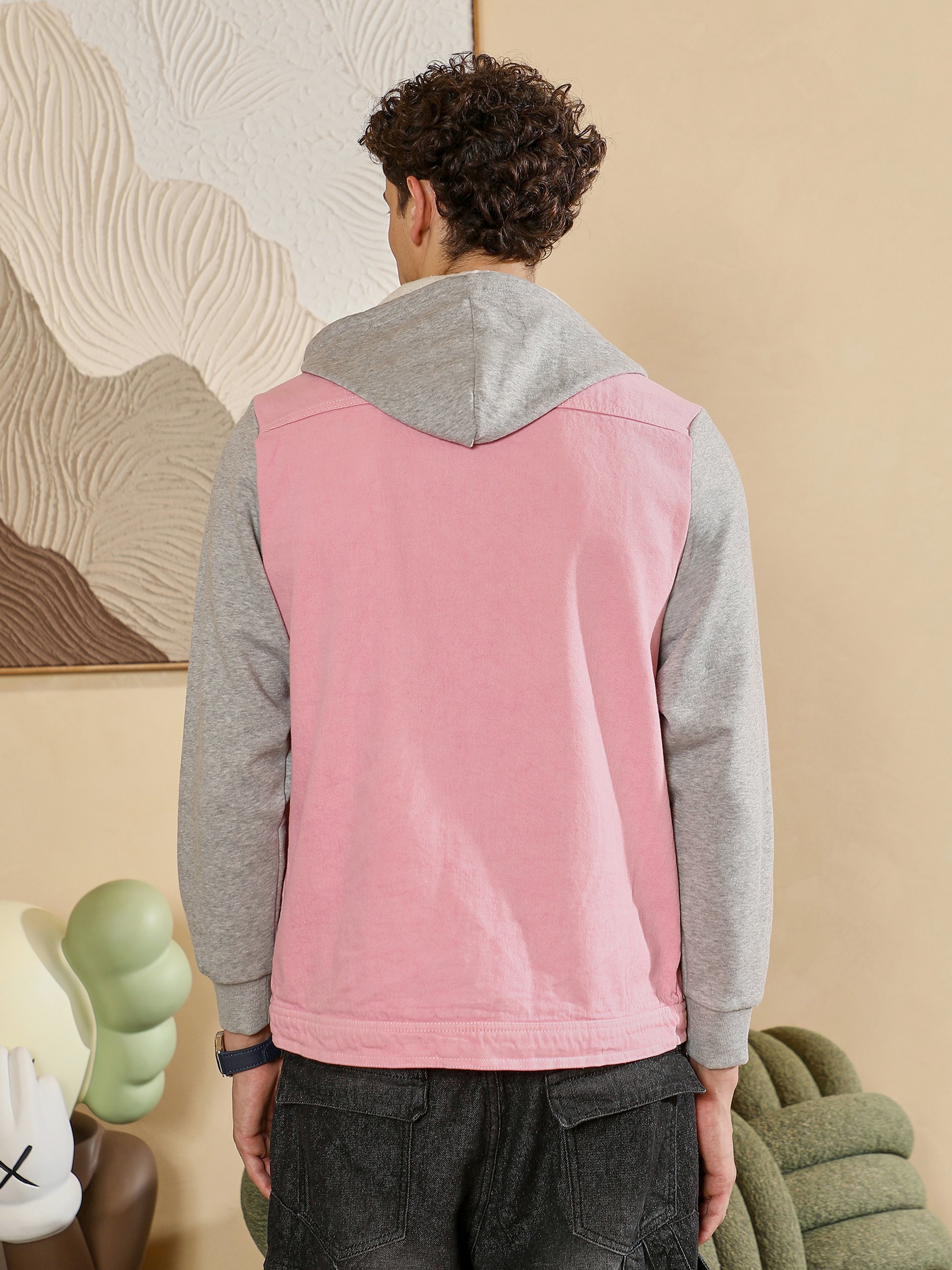 Men Pink Color Block-Sweatshirt Denim Jacket