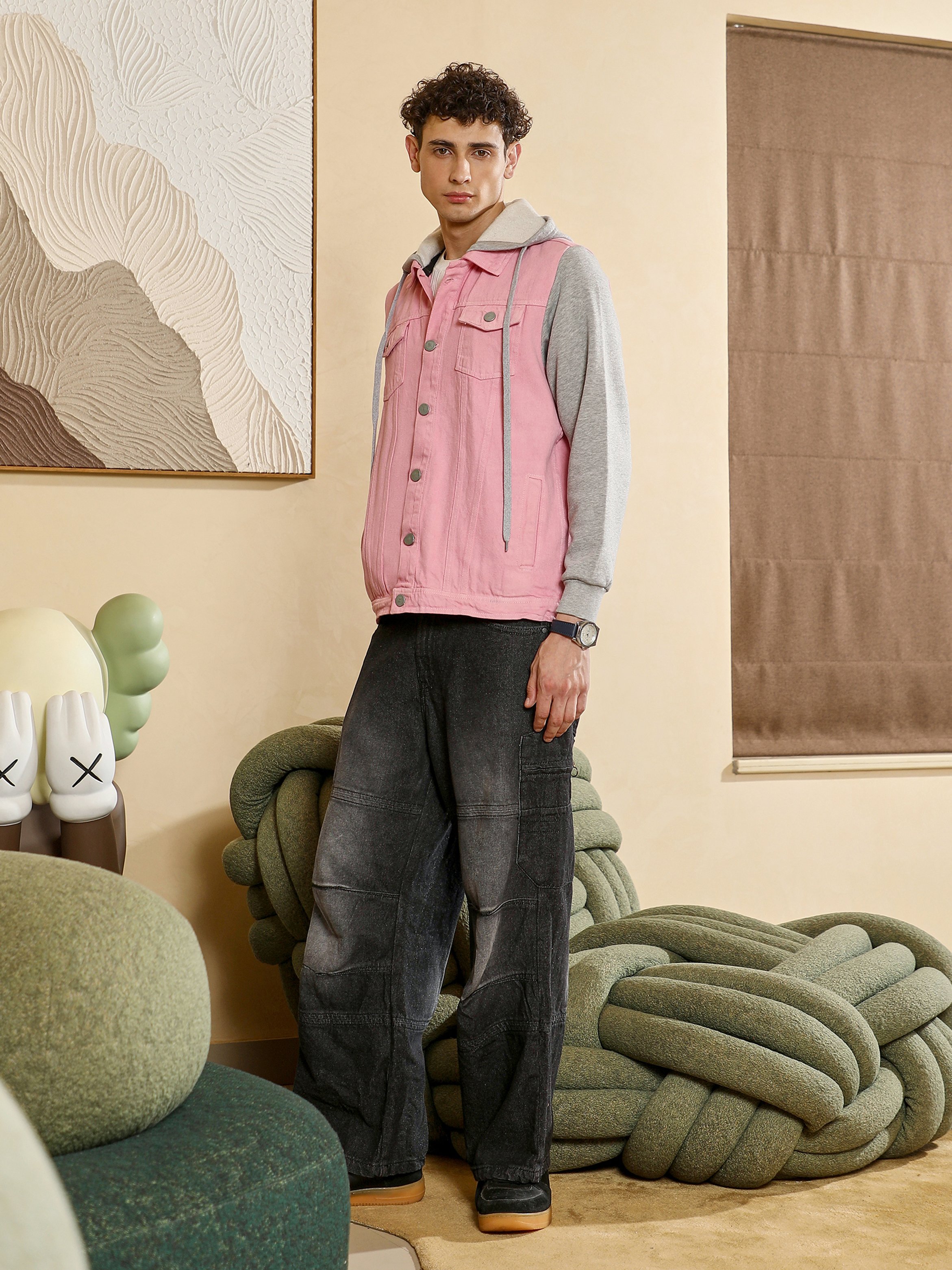 Men Pink Color Block-Sweatshirt Denim Jacket