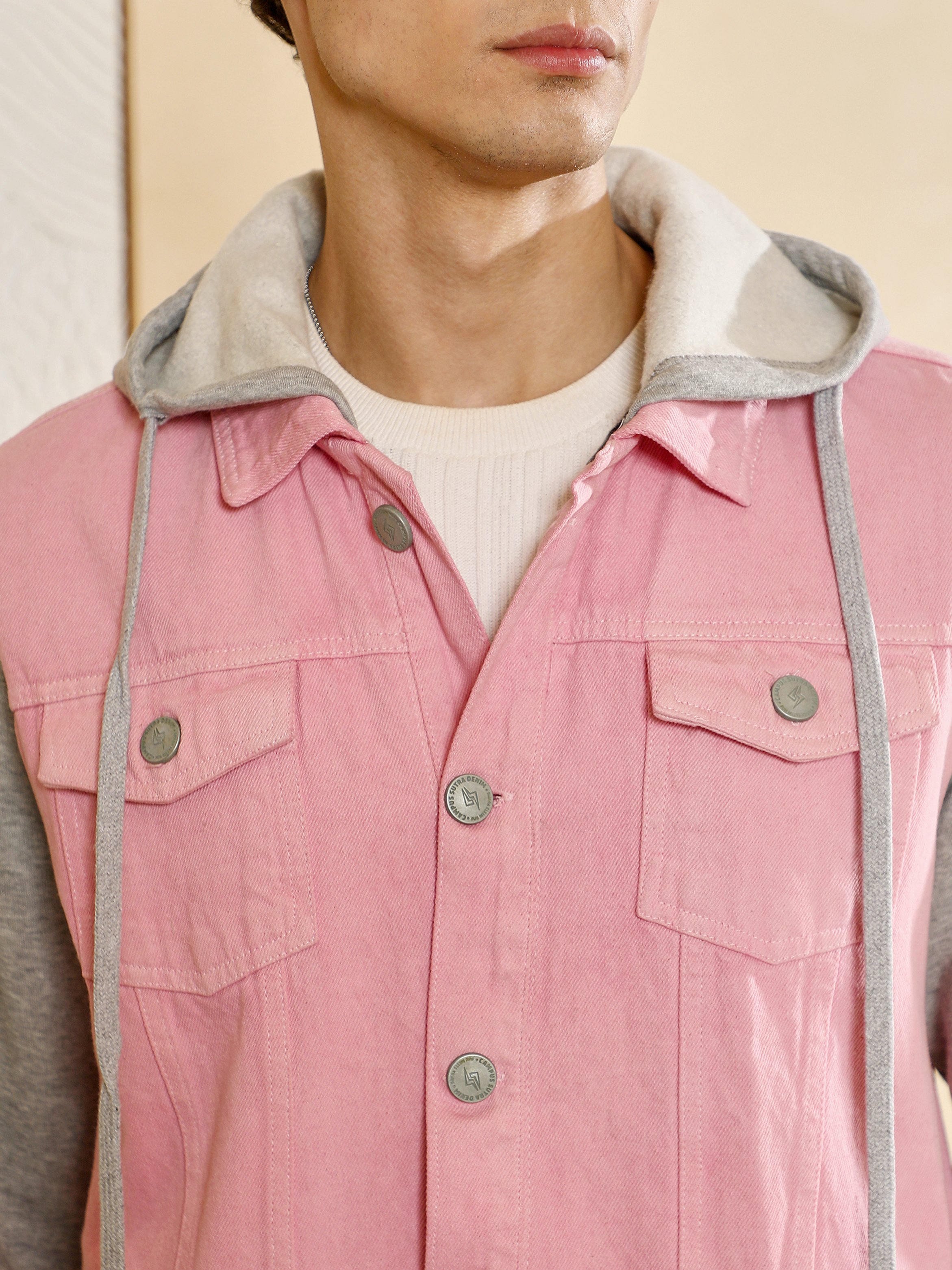 Men Pink Color Block-Sweatshirt Denim Jacket