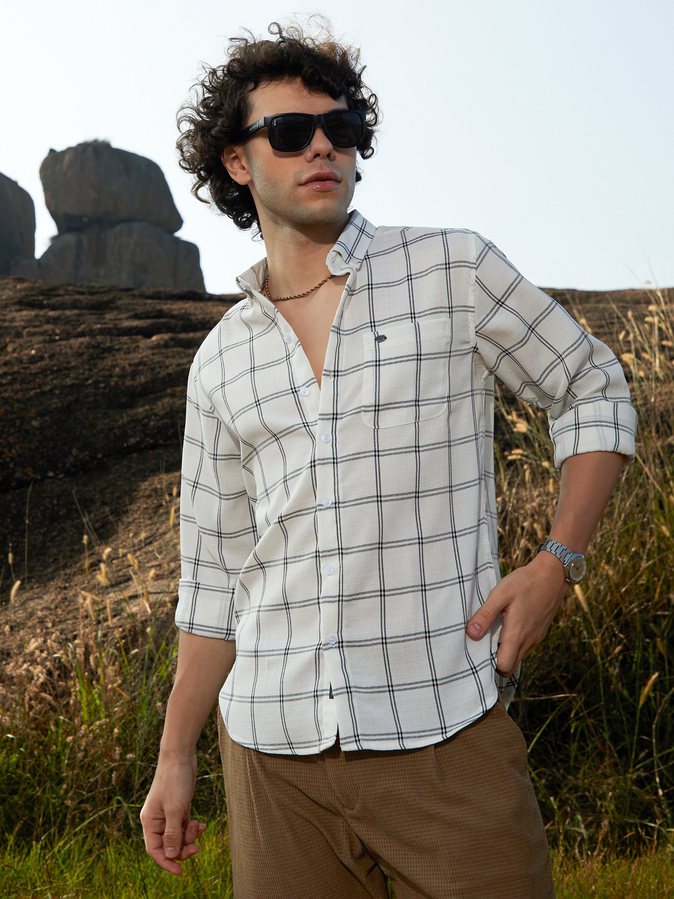 Men Ivory White Checked Shirt