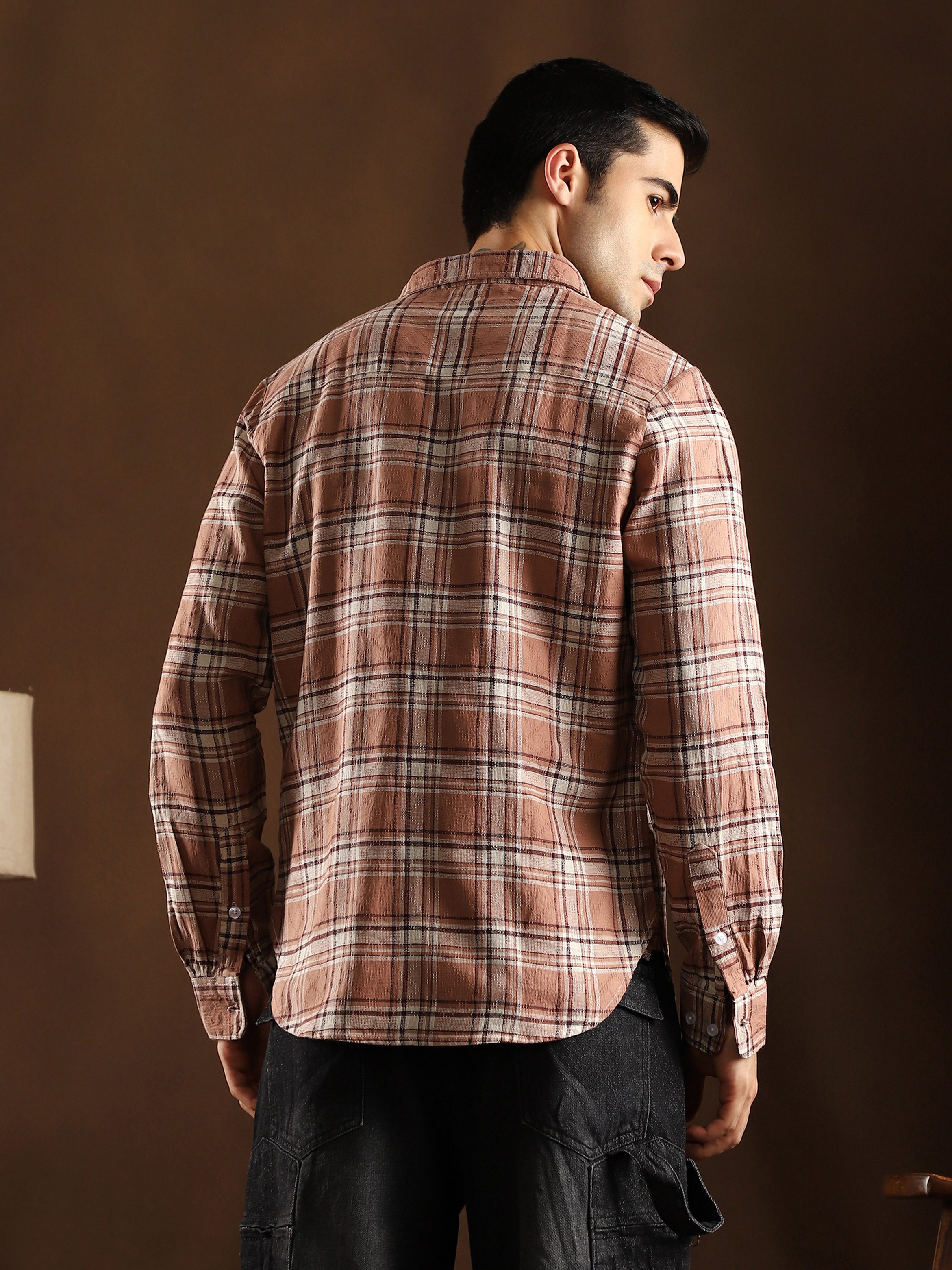 Men Camel Brown Tactile-Check Regular Shirt