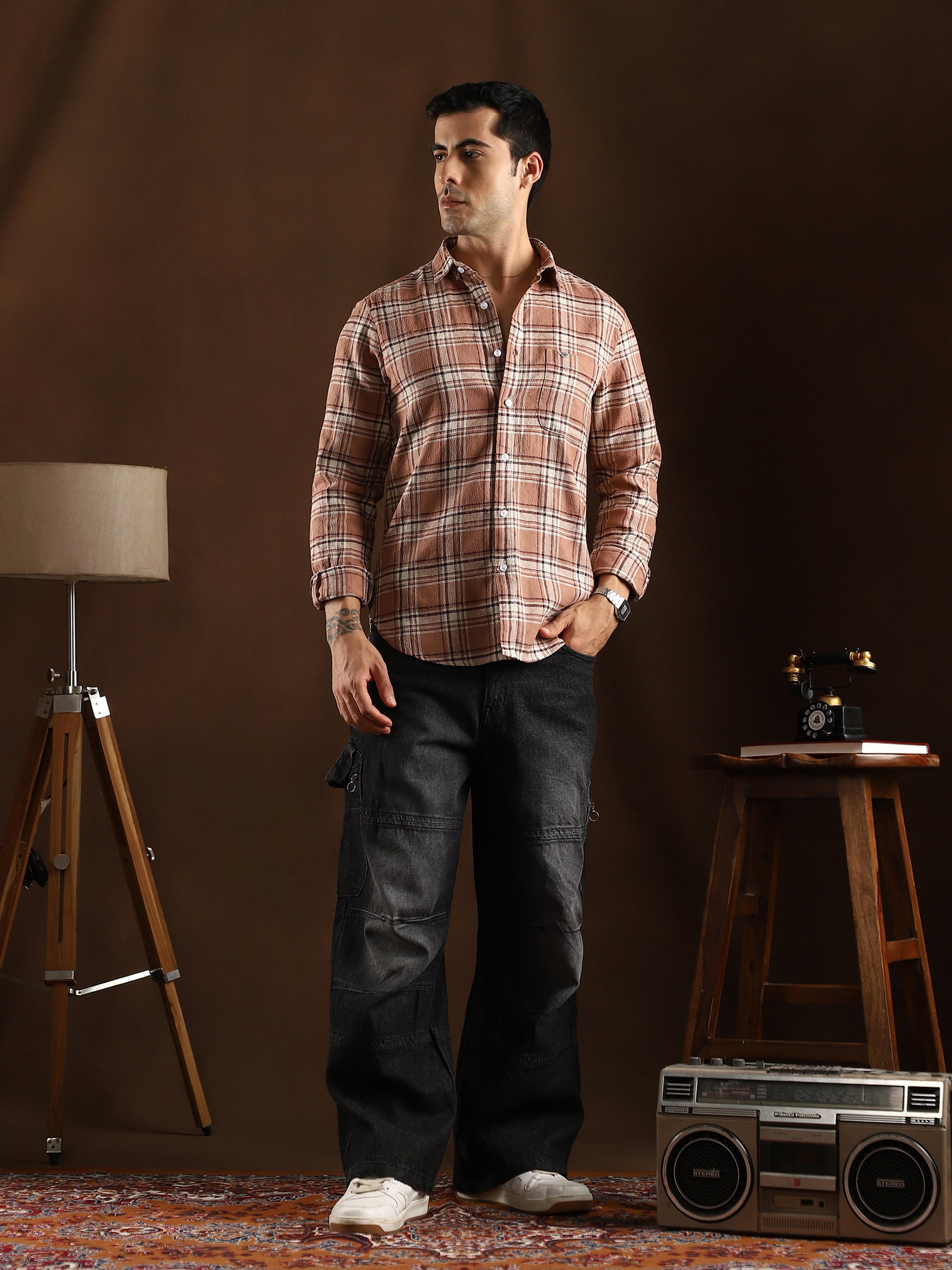 Men Camel Brown Tactile-Check Regular Shirt