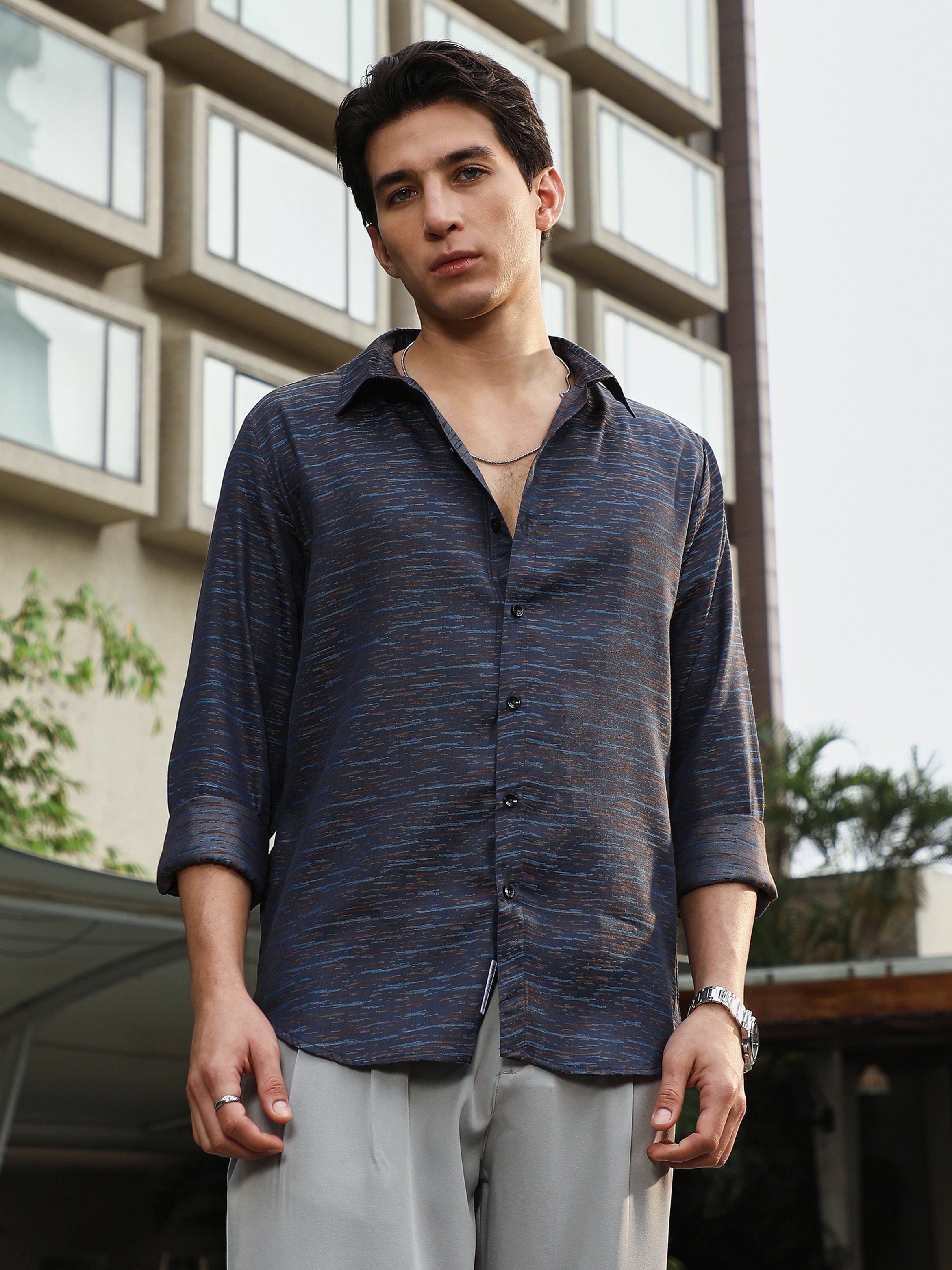 Men Navy Blue Textured Jacquard Shirt