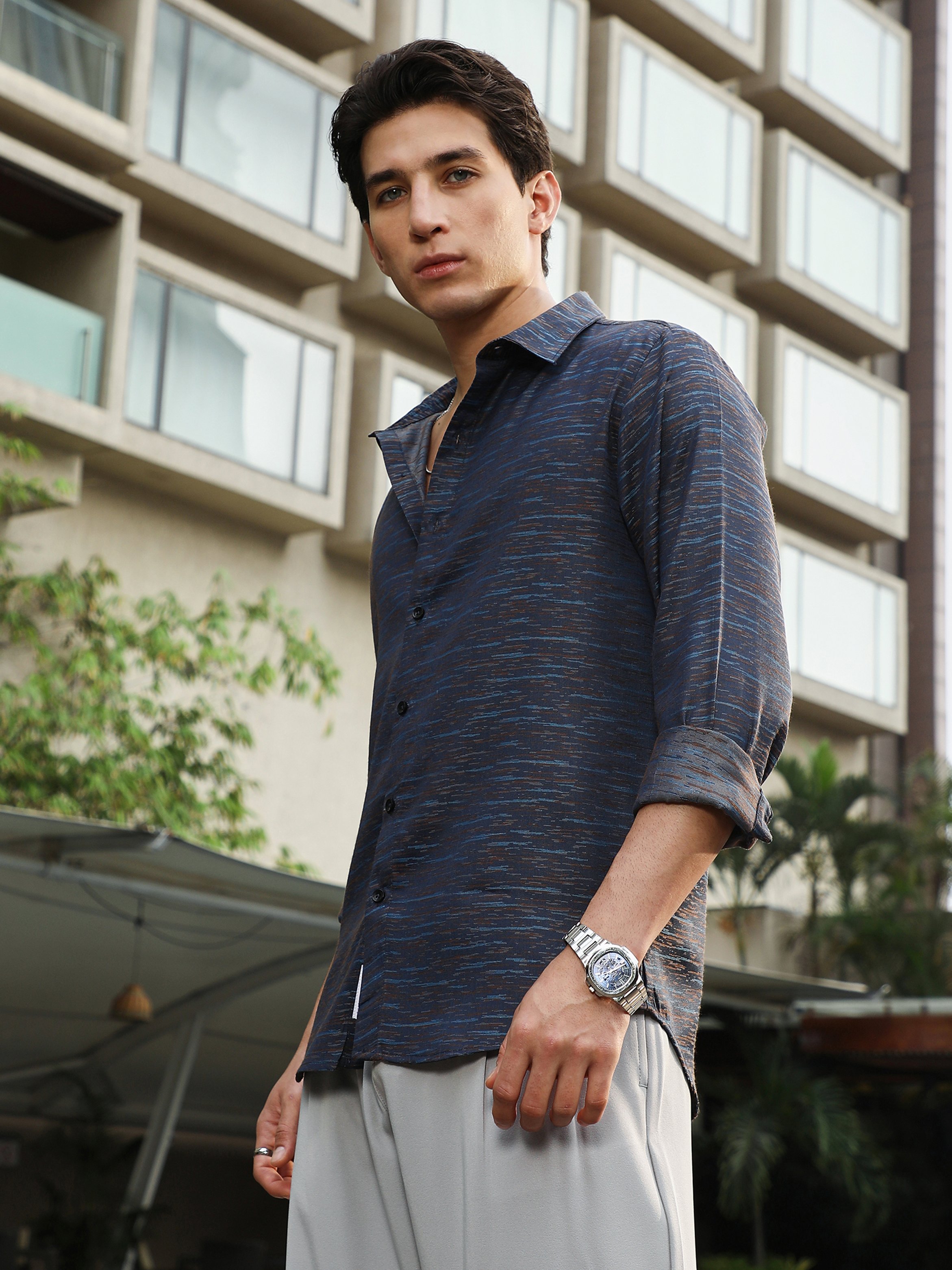 Men Navy Blue Textured Jacquard Shirt