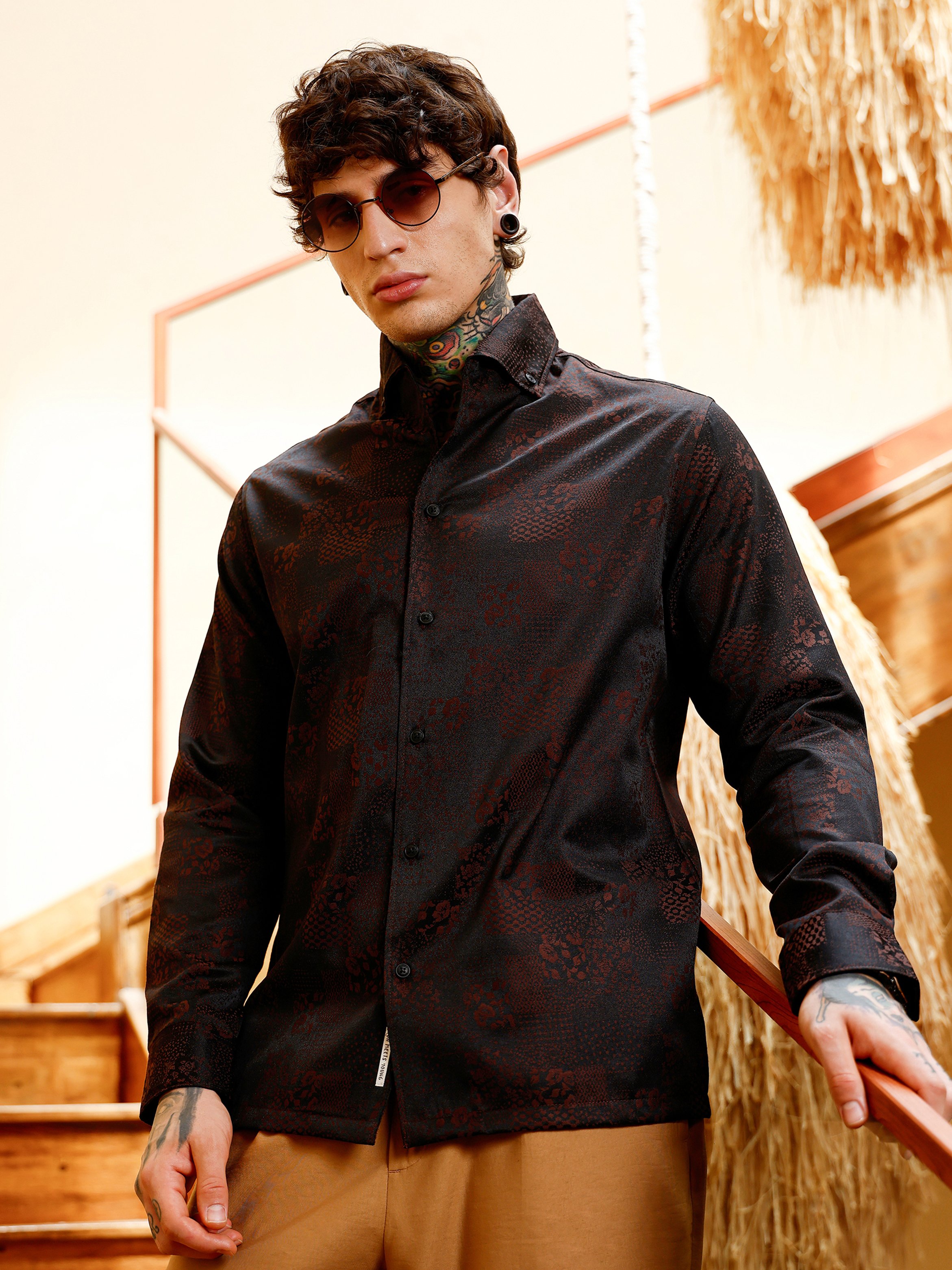 Men Coffee Brown Floral Jacquard Shirt