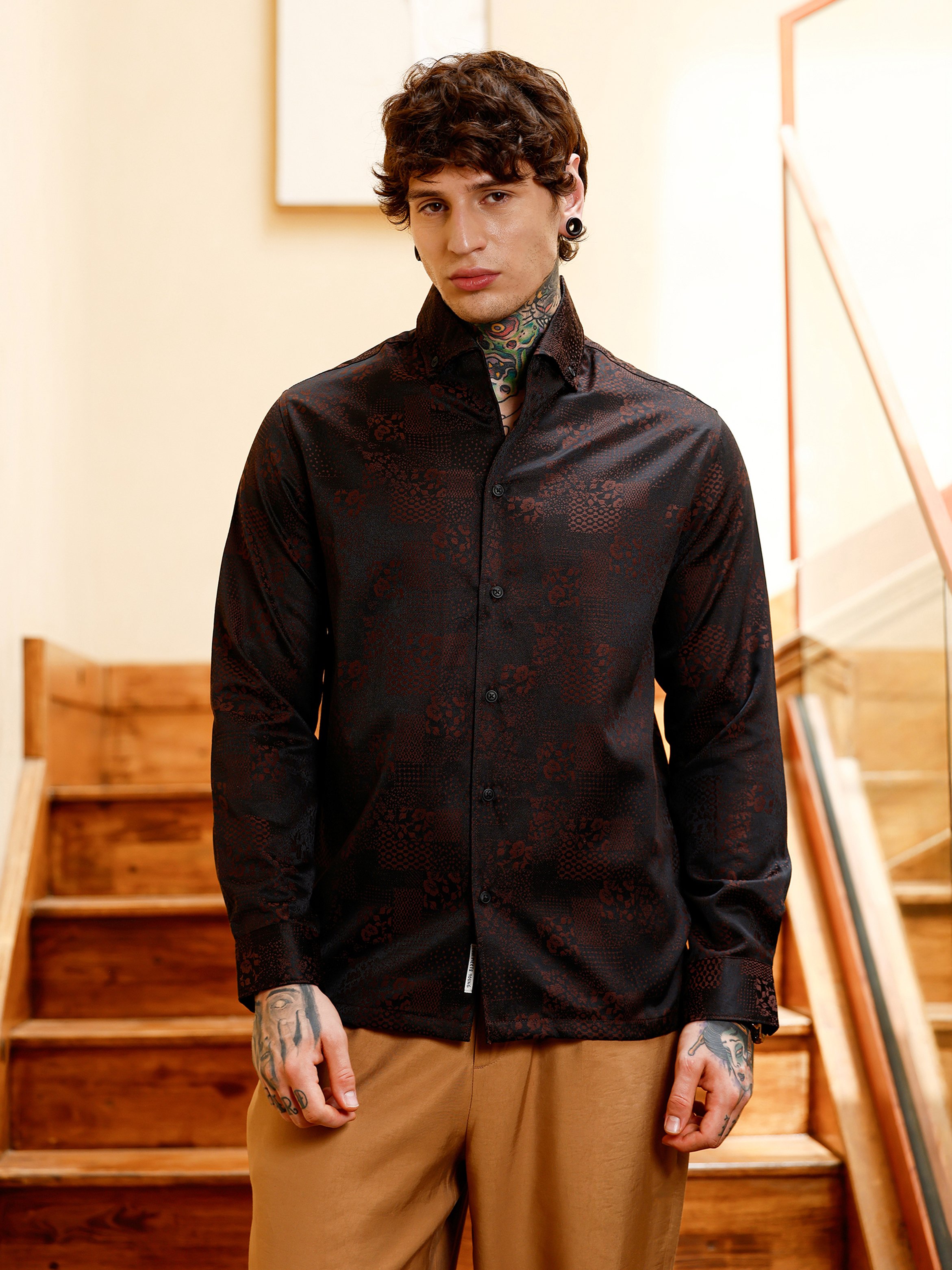 Men Coffee Brown Floral Jacquard Shirt