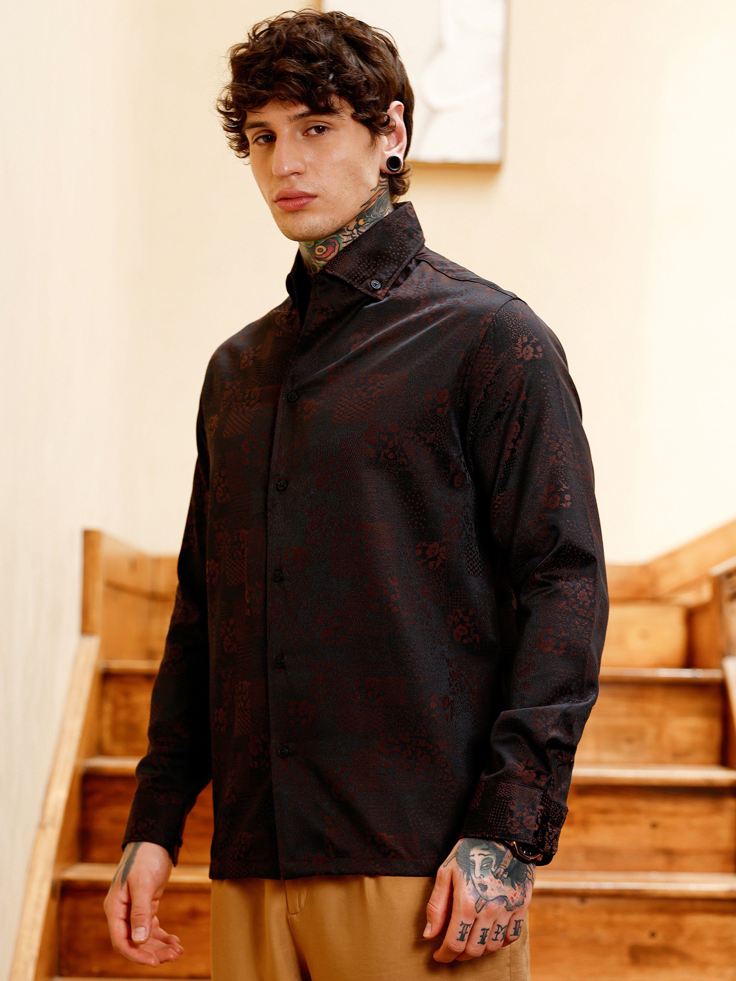 Men Coffee Brown Floral Jacquard Shirt
