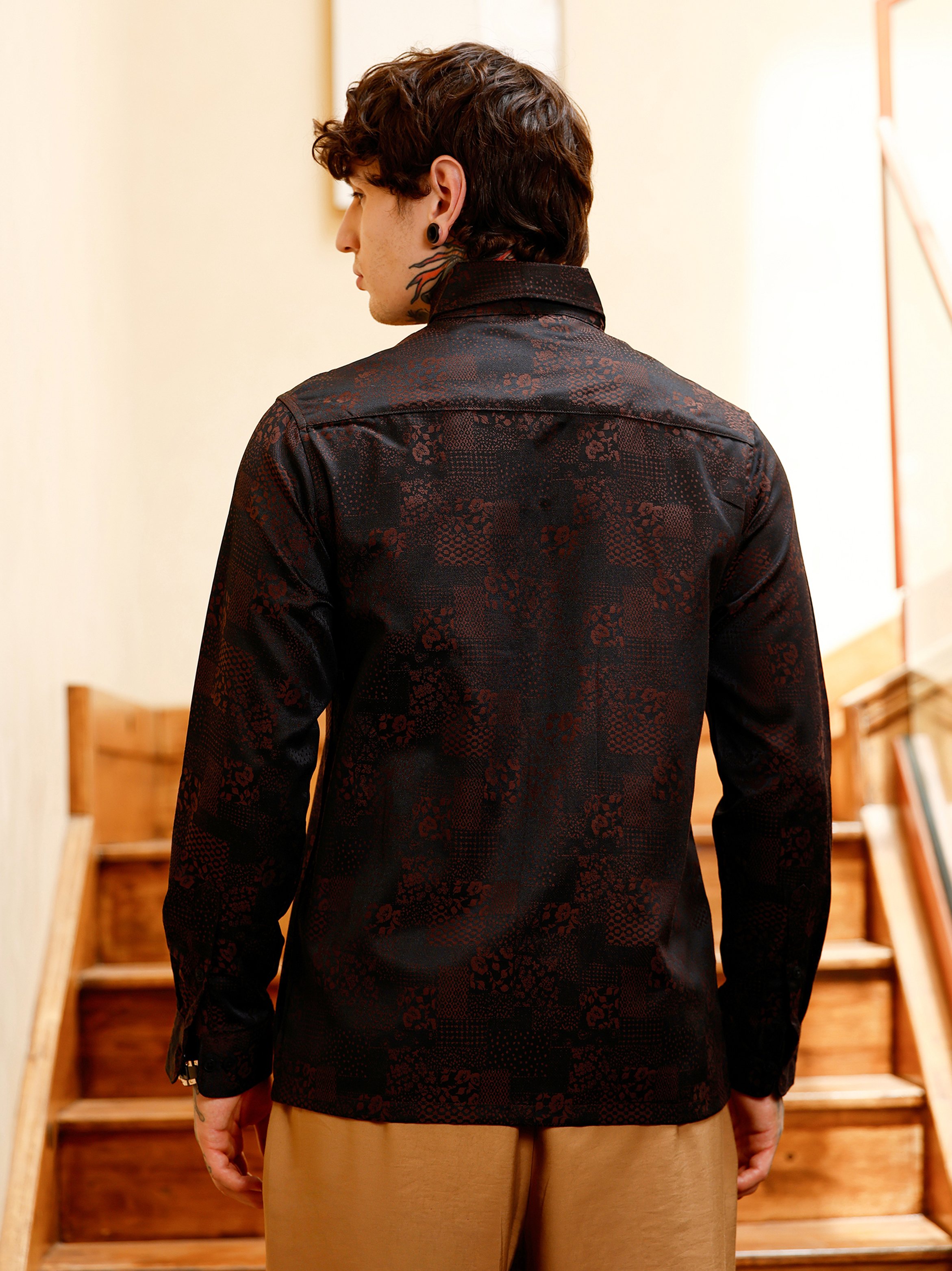 Men Coffee Brown Floral Jacquard Shirt