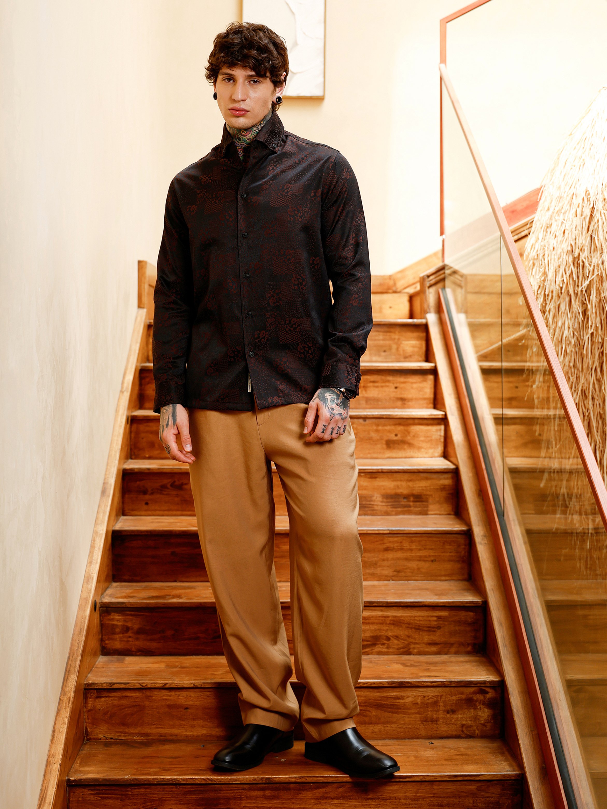 Men Coffee Brown Floral Jacquard Shirt