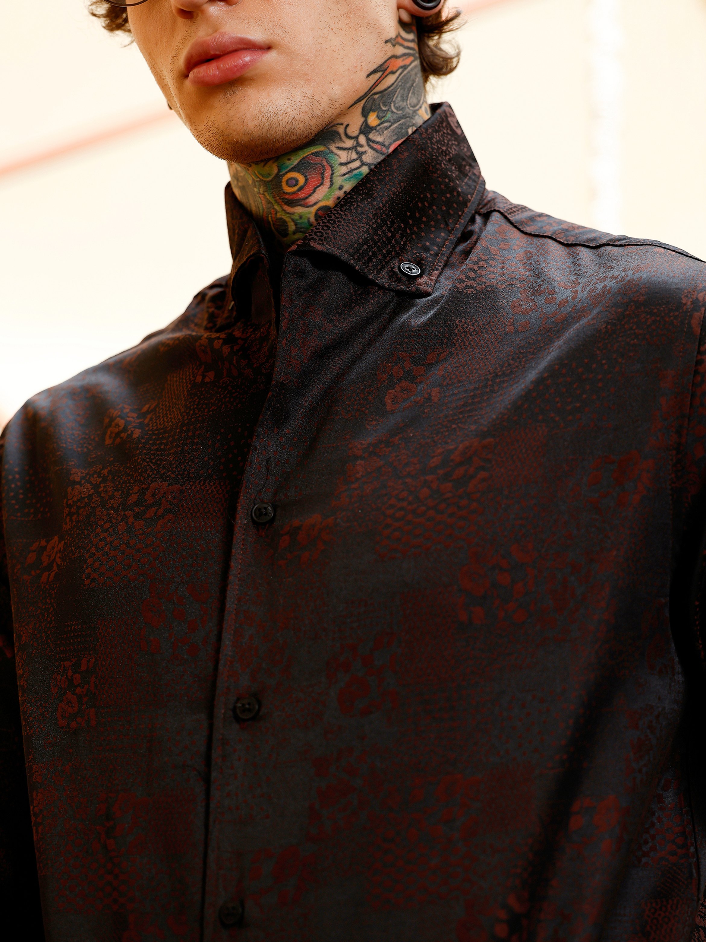 Men Coffee Brown Floral Jacquard Shirt