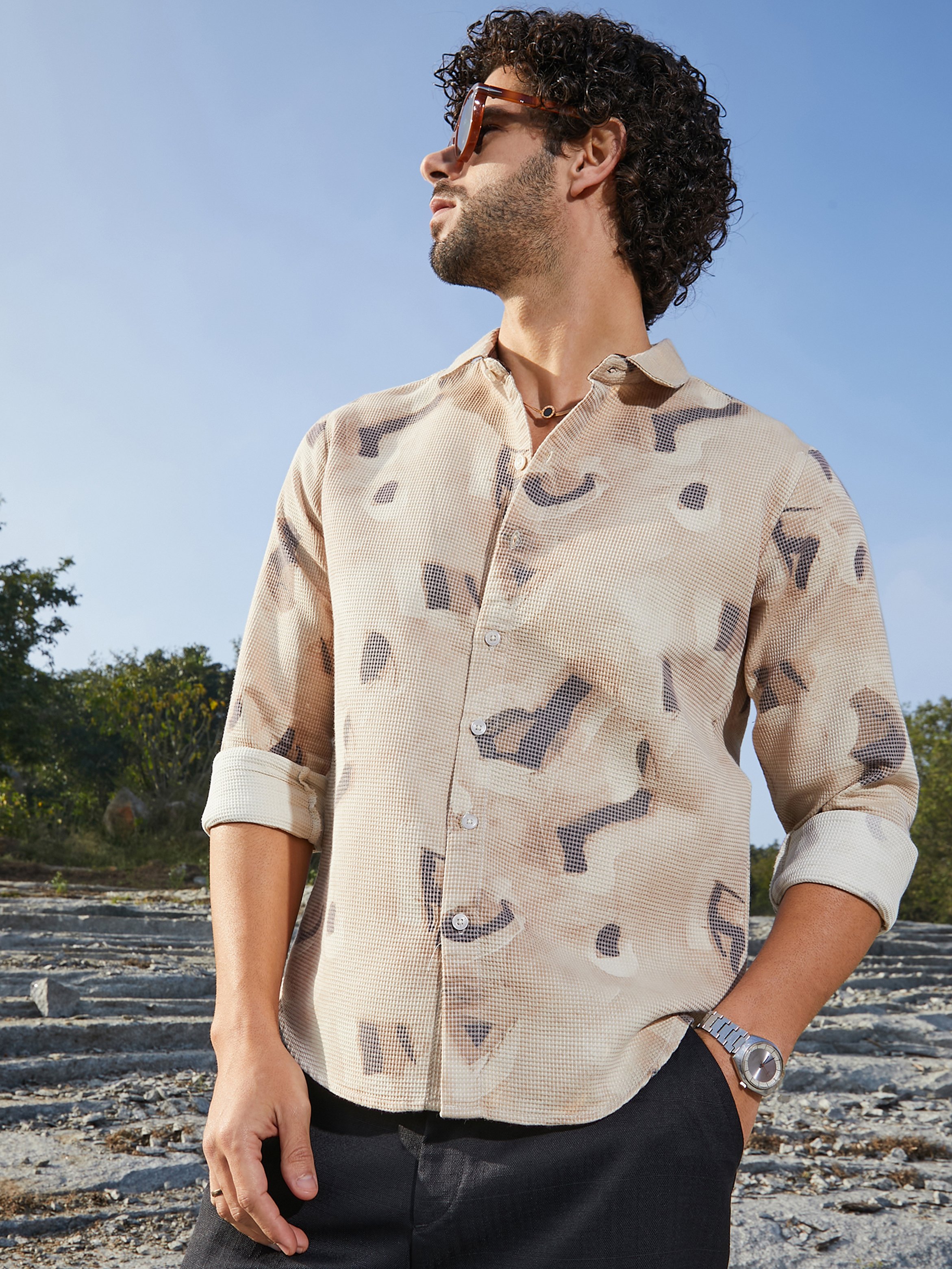 Men Almond Beige Nonlinear-Tactile Shirt