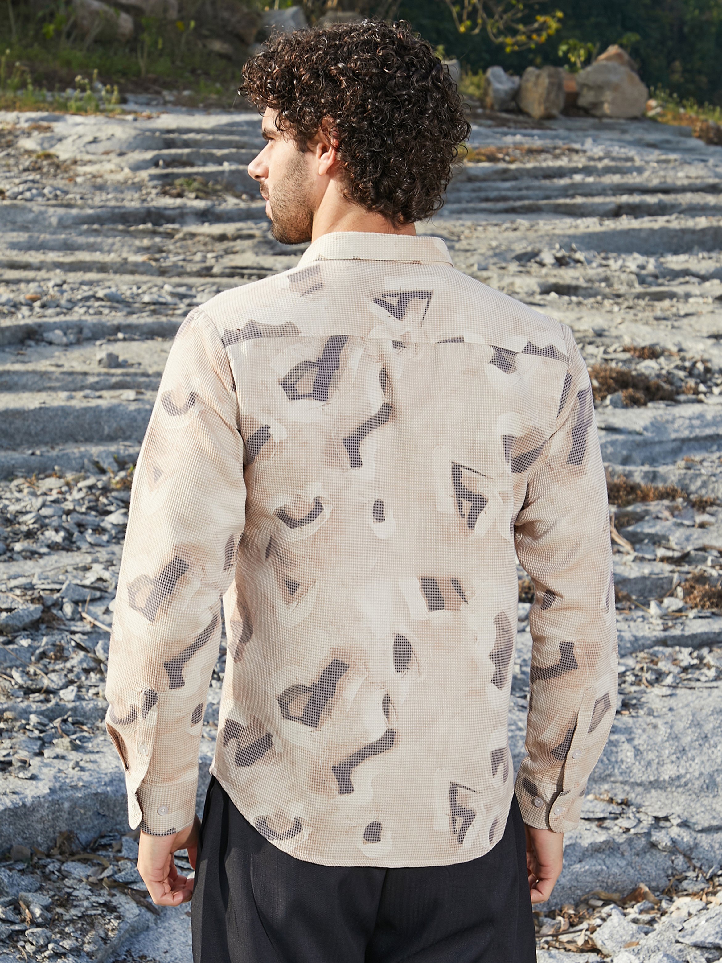 Men Almond Beige Nonlinear-Tactile Shirt