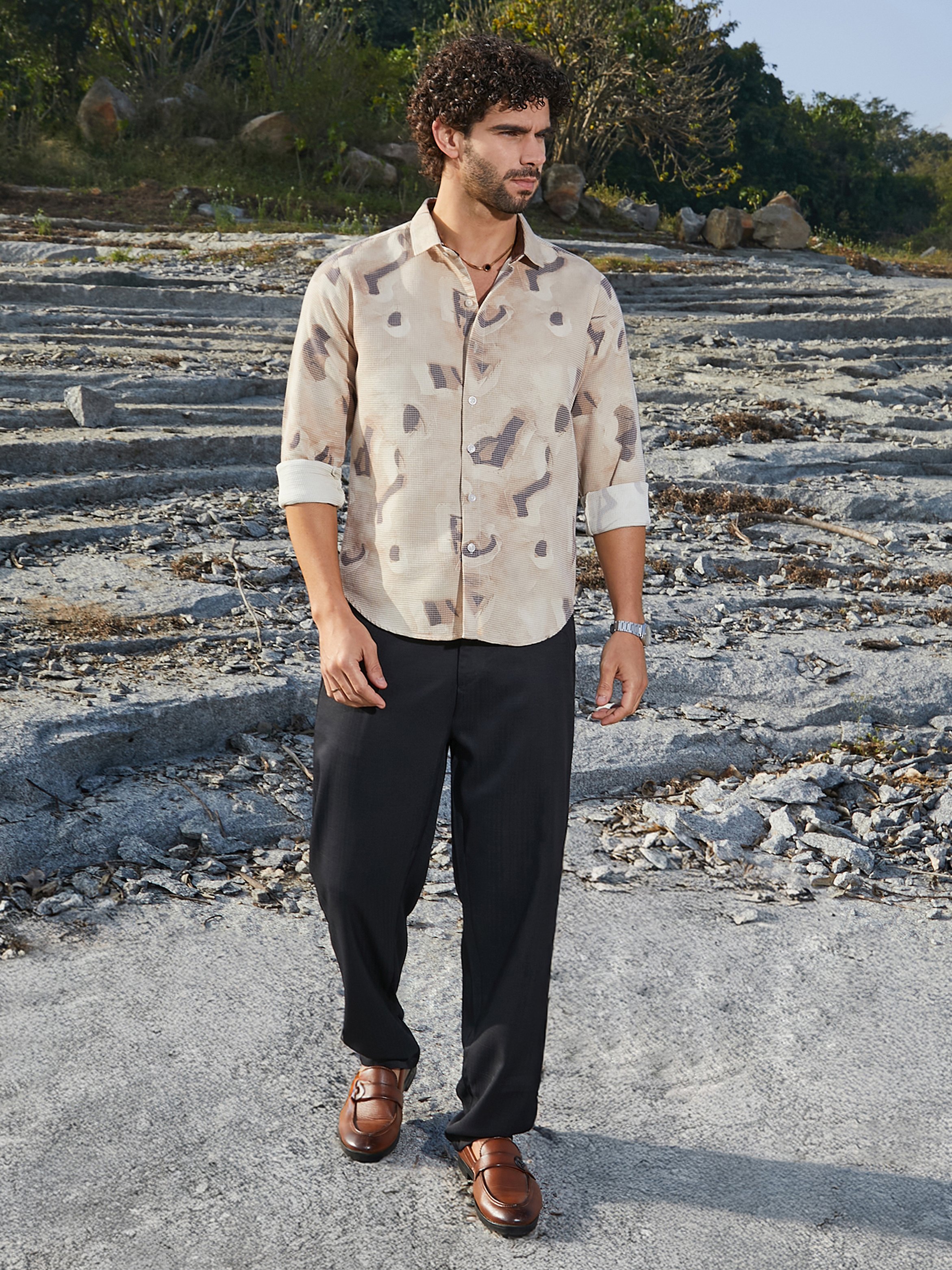 Men Almond Beige Nonlinear-Tactile Shirt