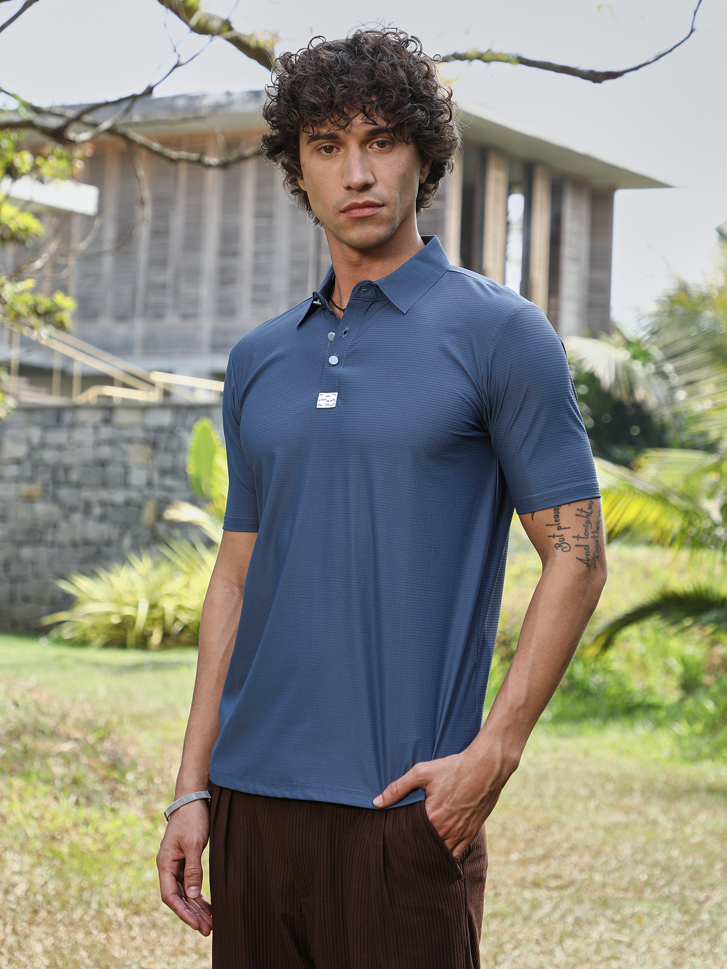 Men Blue Seamless Waffle Polo