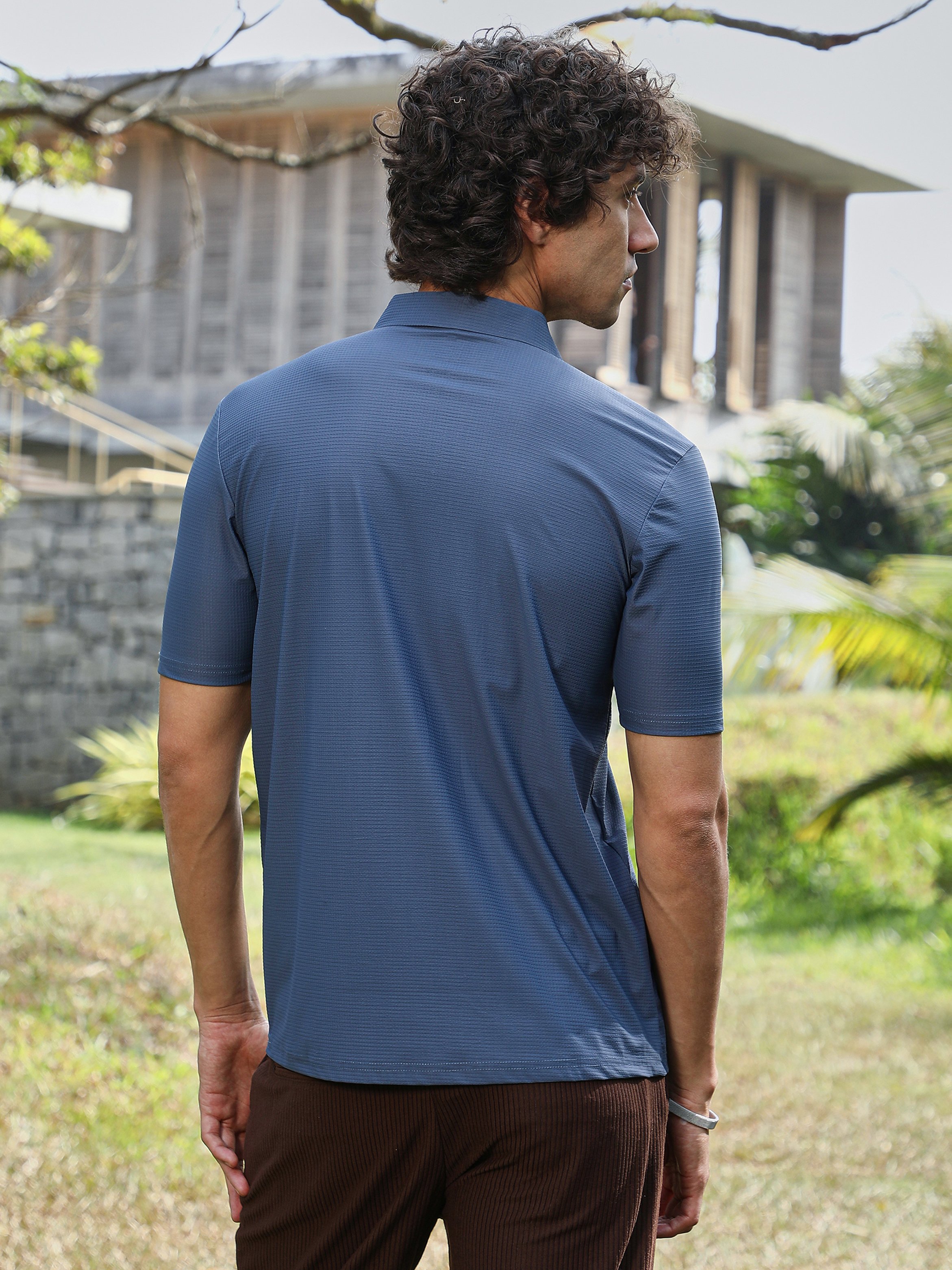 Men Blue Seamless Waffle Polo