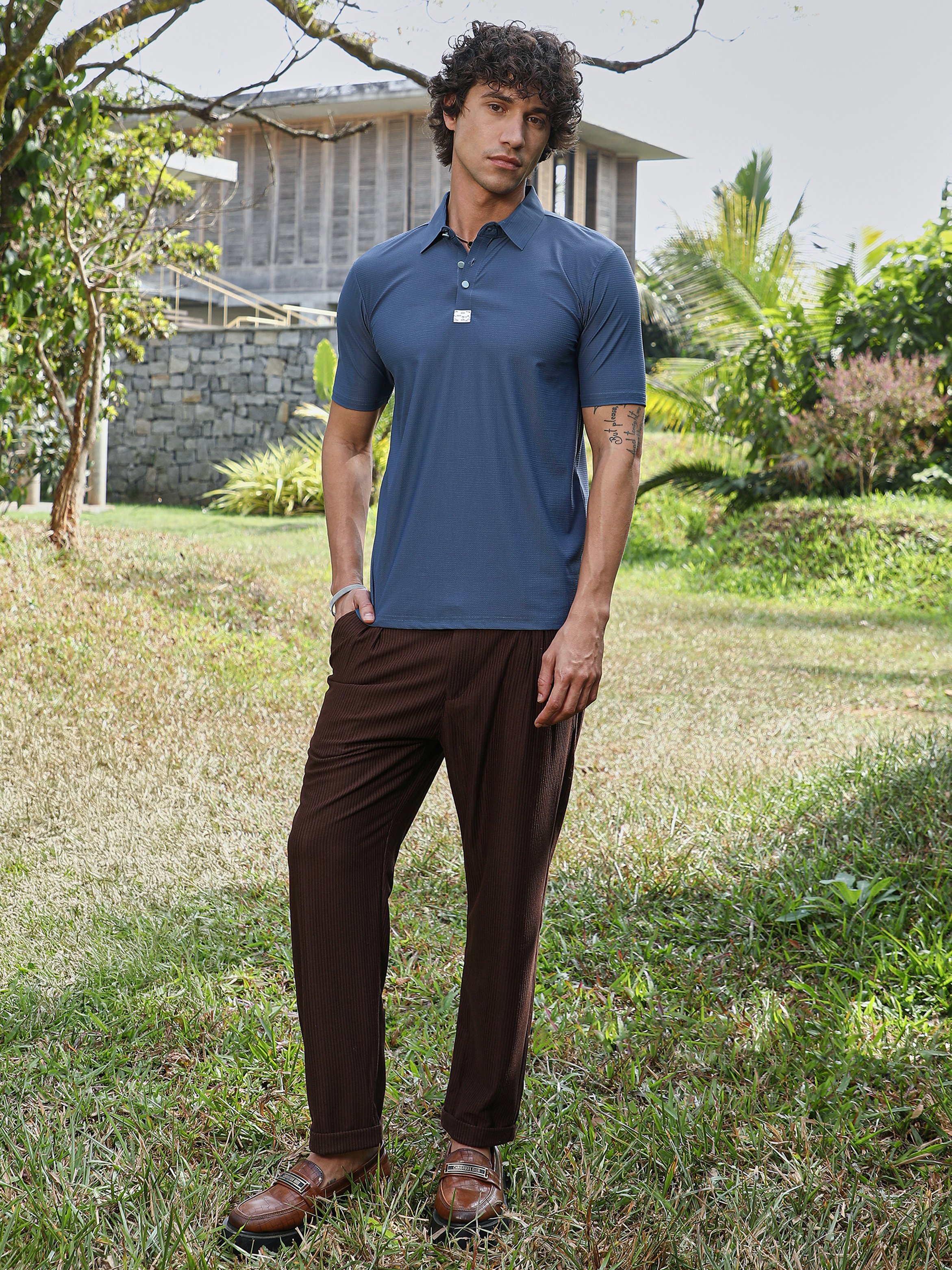 Men Blue Seamless Waffle Polo