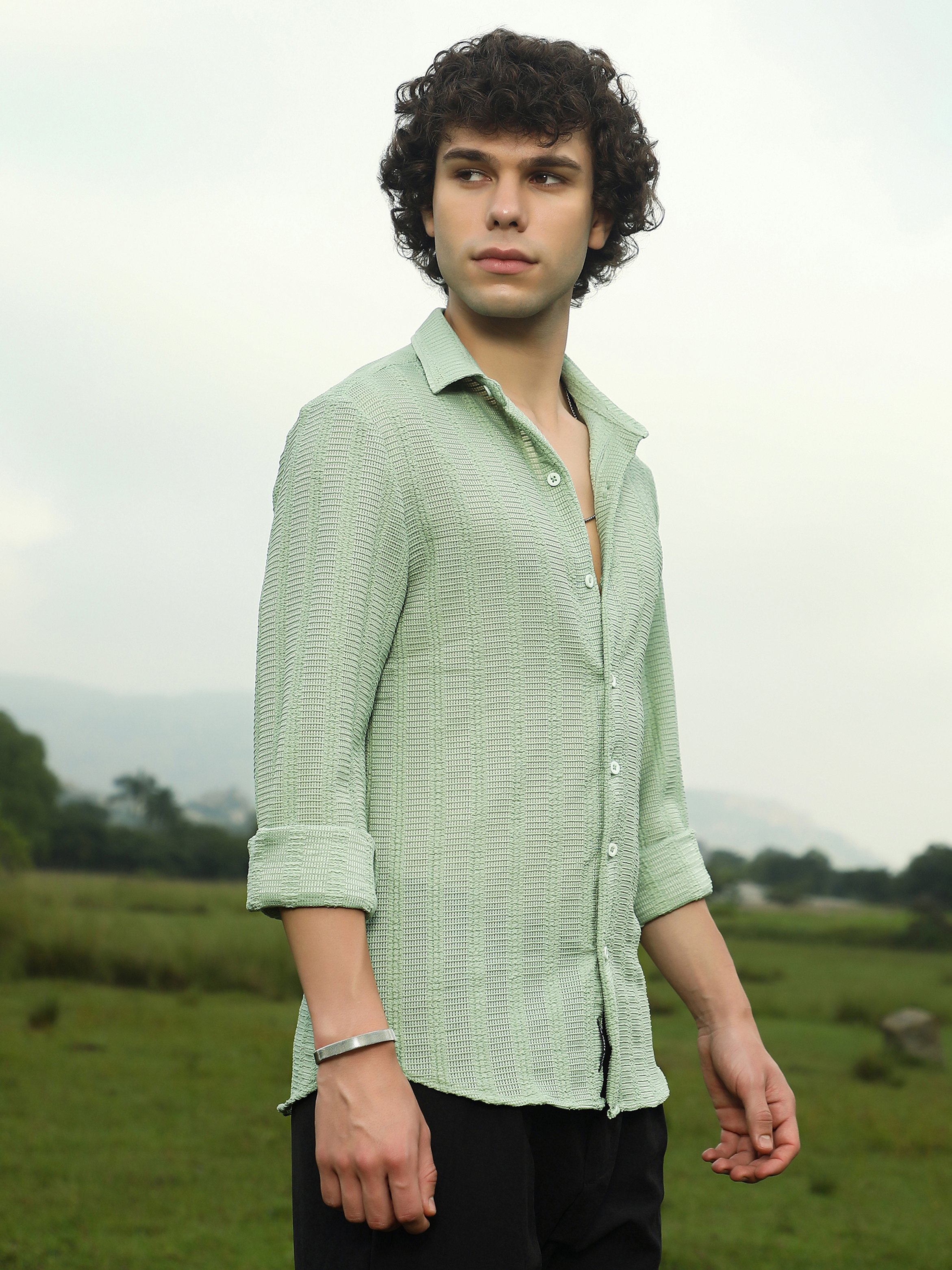 Men Pastel Green Textured Spread Collar Shirt