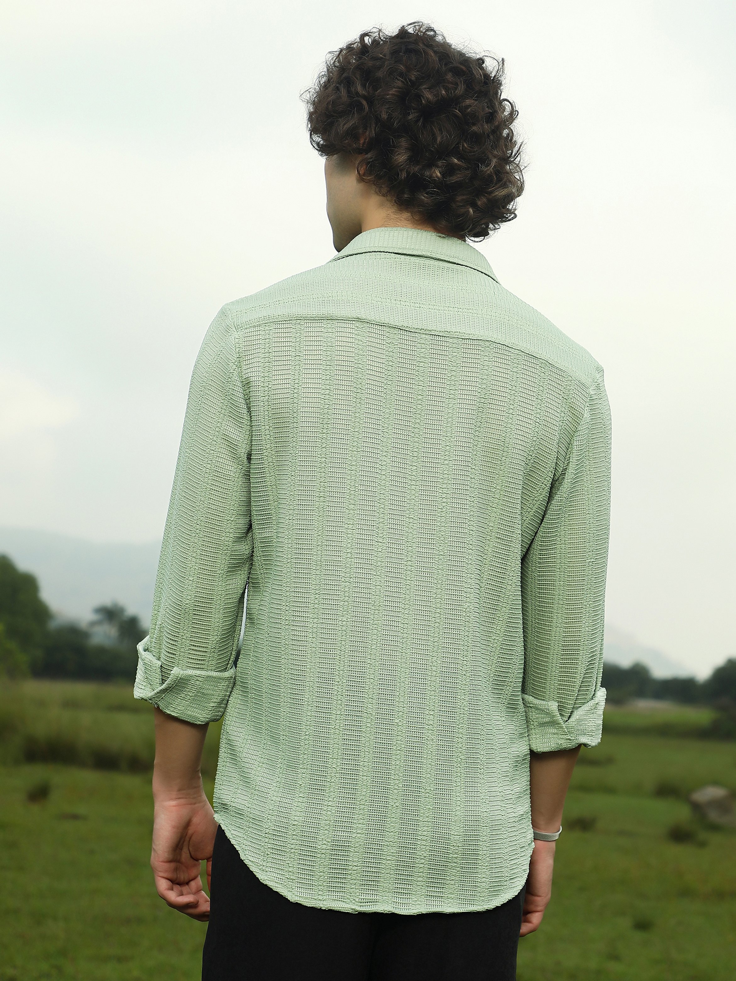 Men Pastel Green Textured Spread Collar Shirt