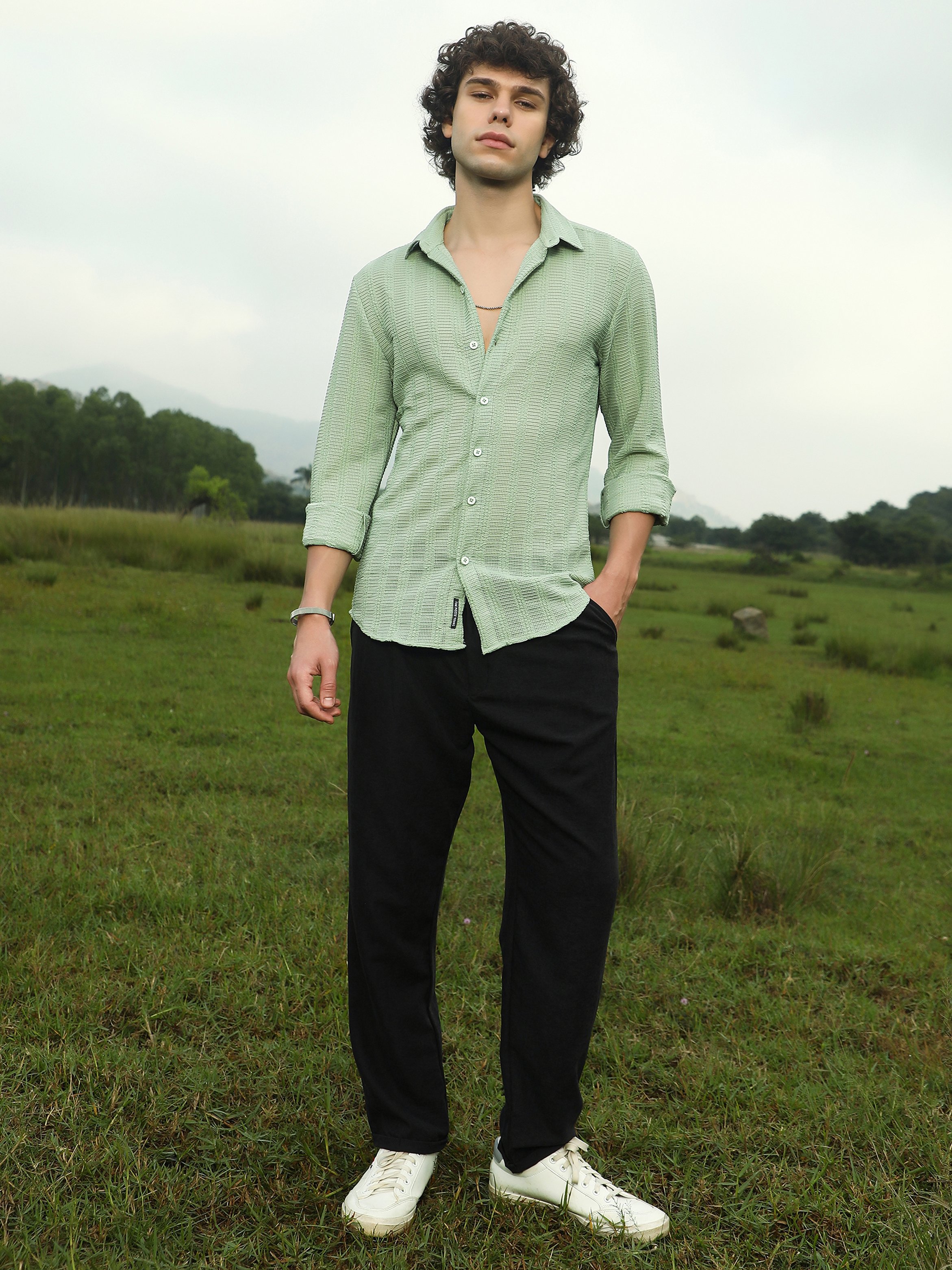 Men Pastel Green Textured Spread Collar Shirt