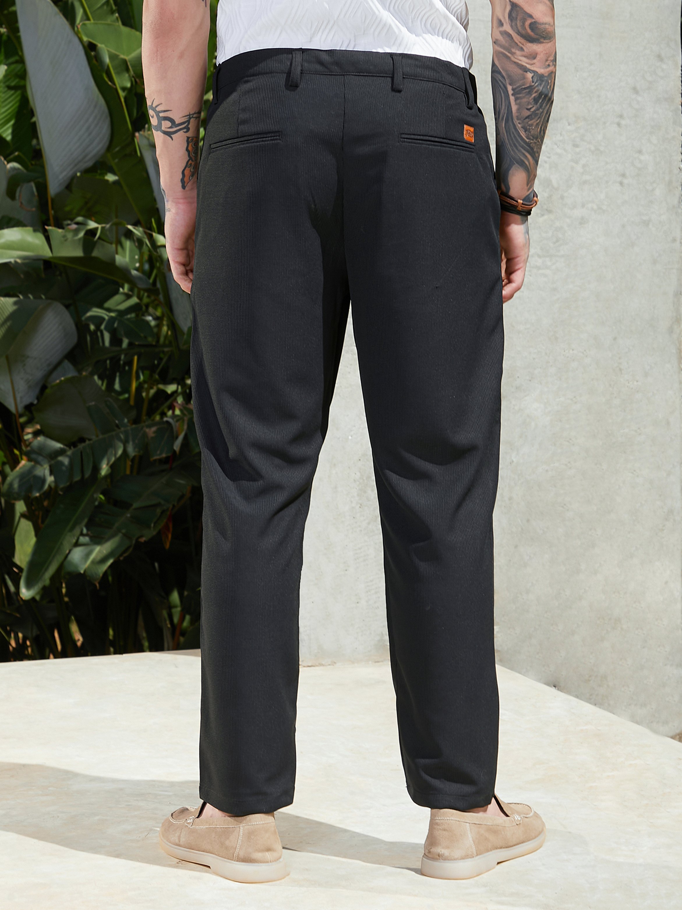 Men Midnight Black Tactile-Pleat Chino Trousers