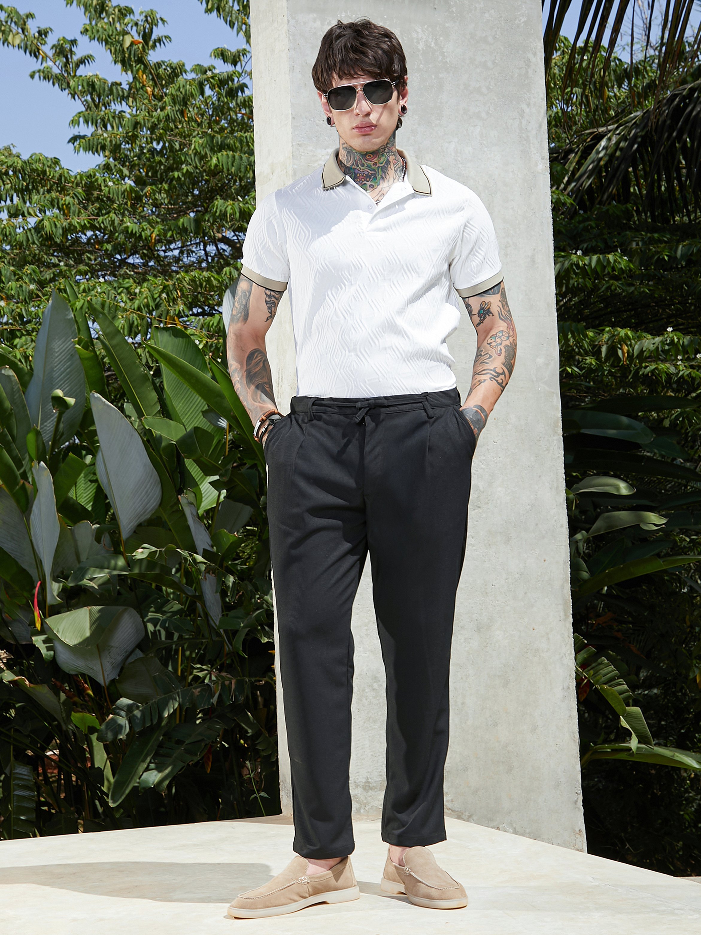 Men Midnight Black Tactile-Pleat Chino Trousers