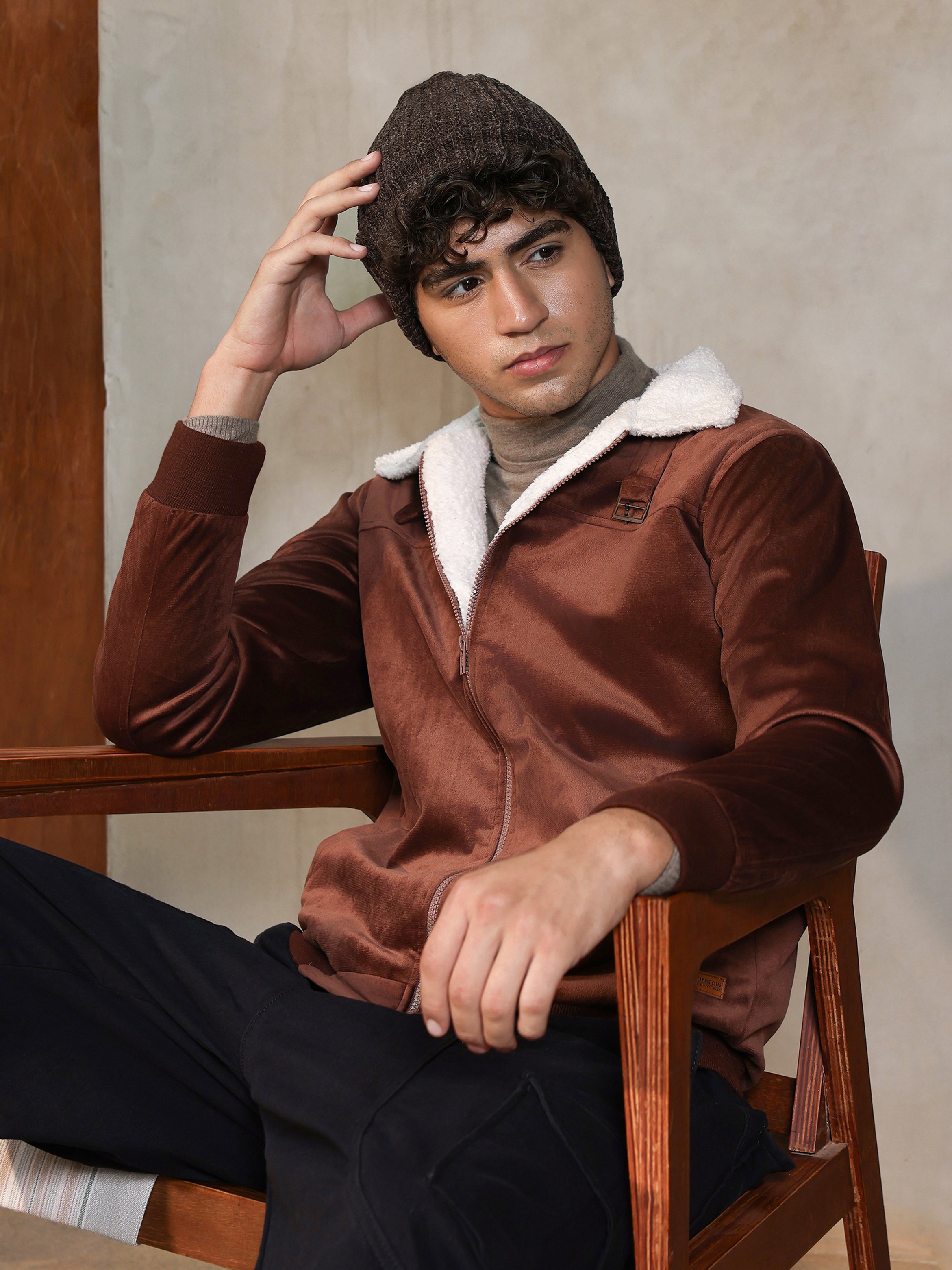 Men Contrast Sherpa-Lined Suede Bomber Jacket