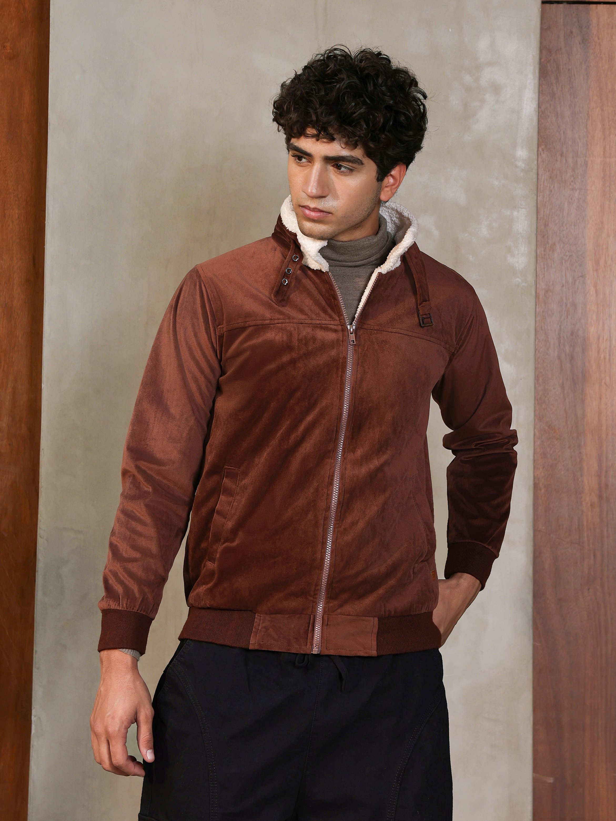 Men Contrast Sherpa-Lined Suede Bomber Jacket