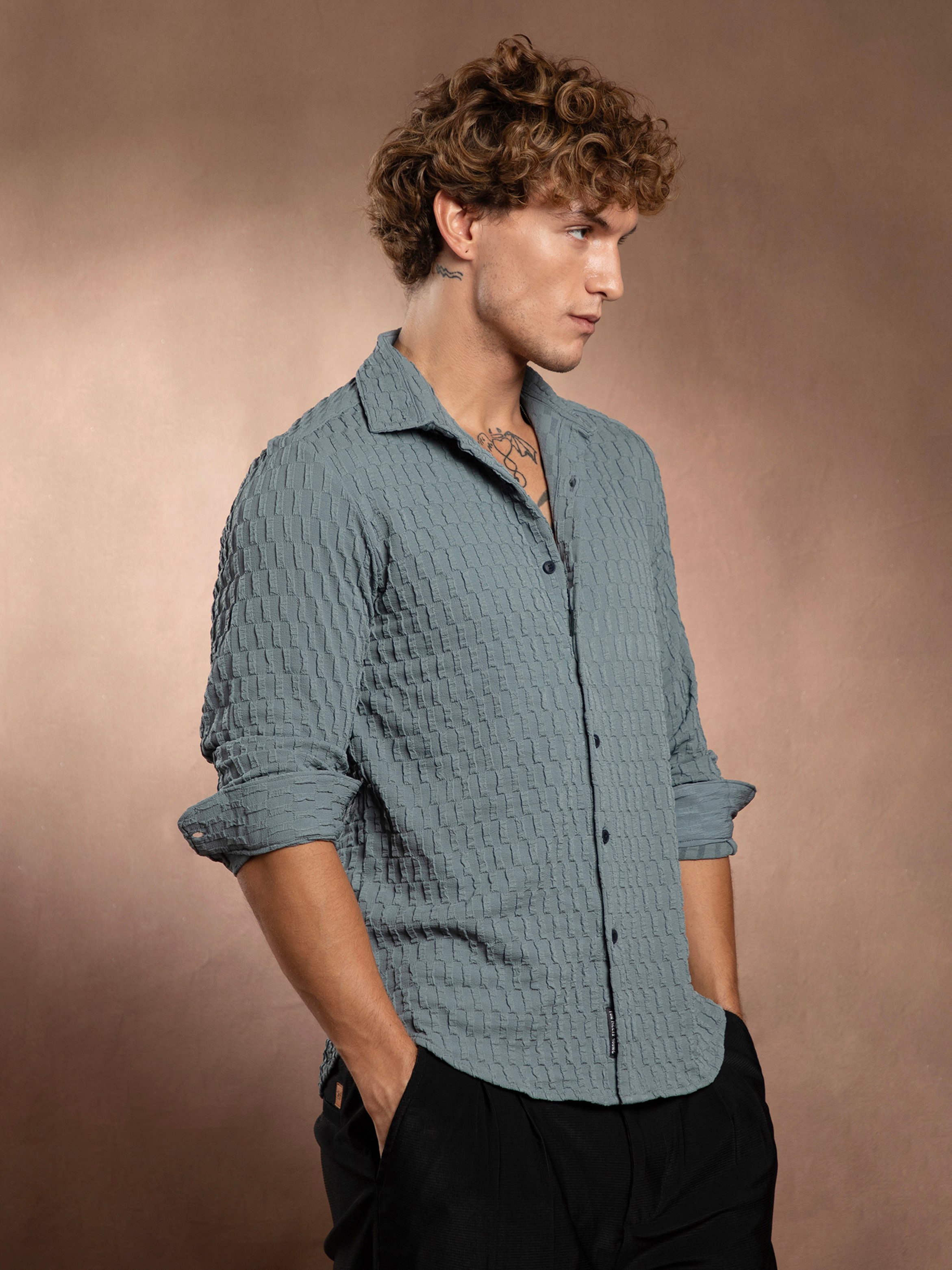 Men Blue Textured Regular Shirt