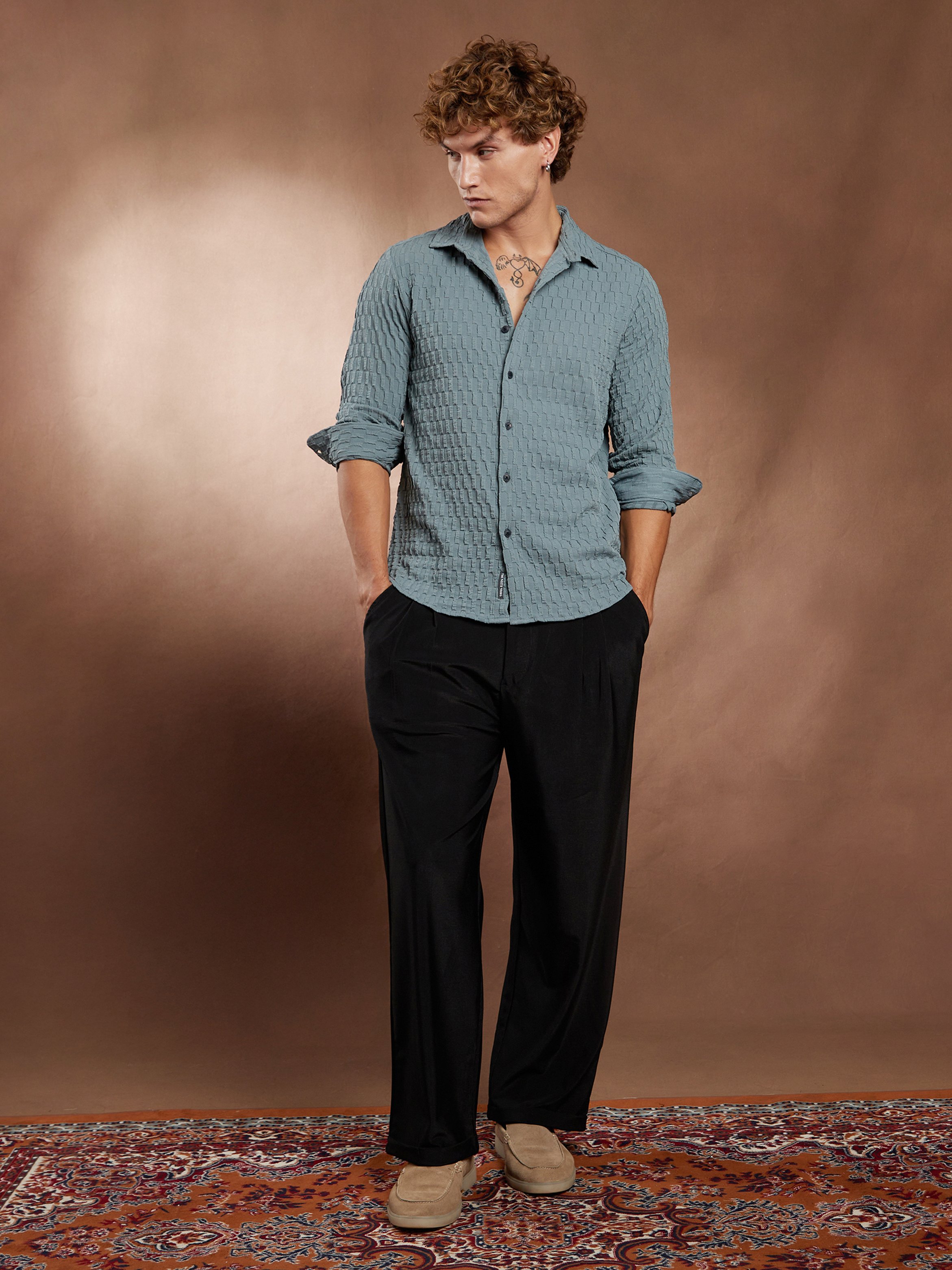 Men Blue Textured Regular Shirt