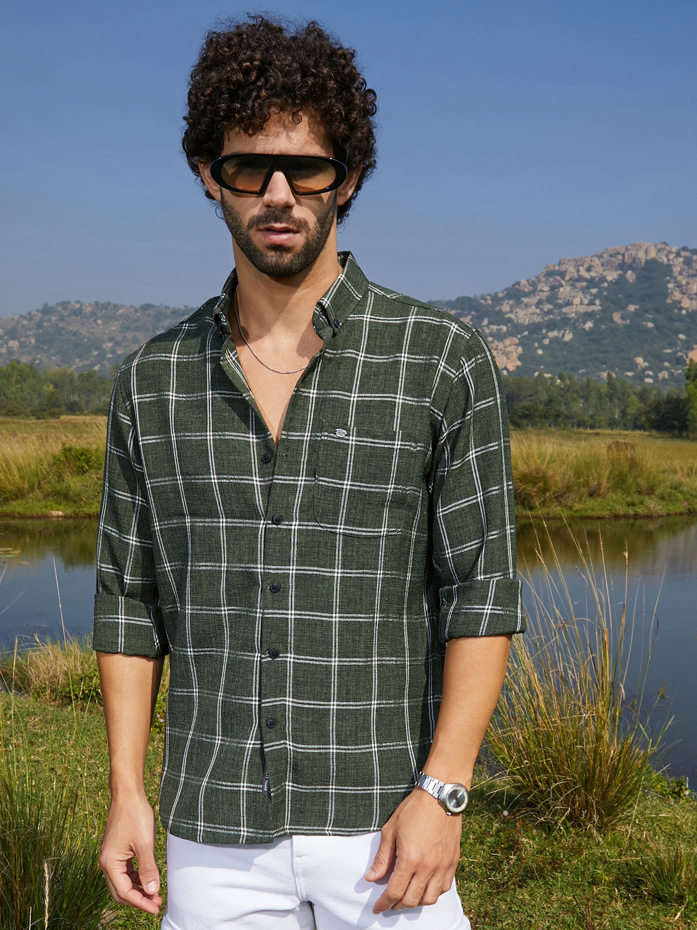 Men Forest Green Checkered Shirt