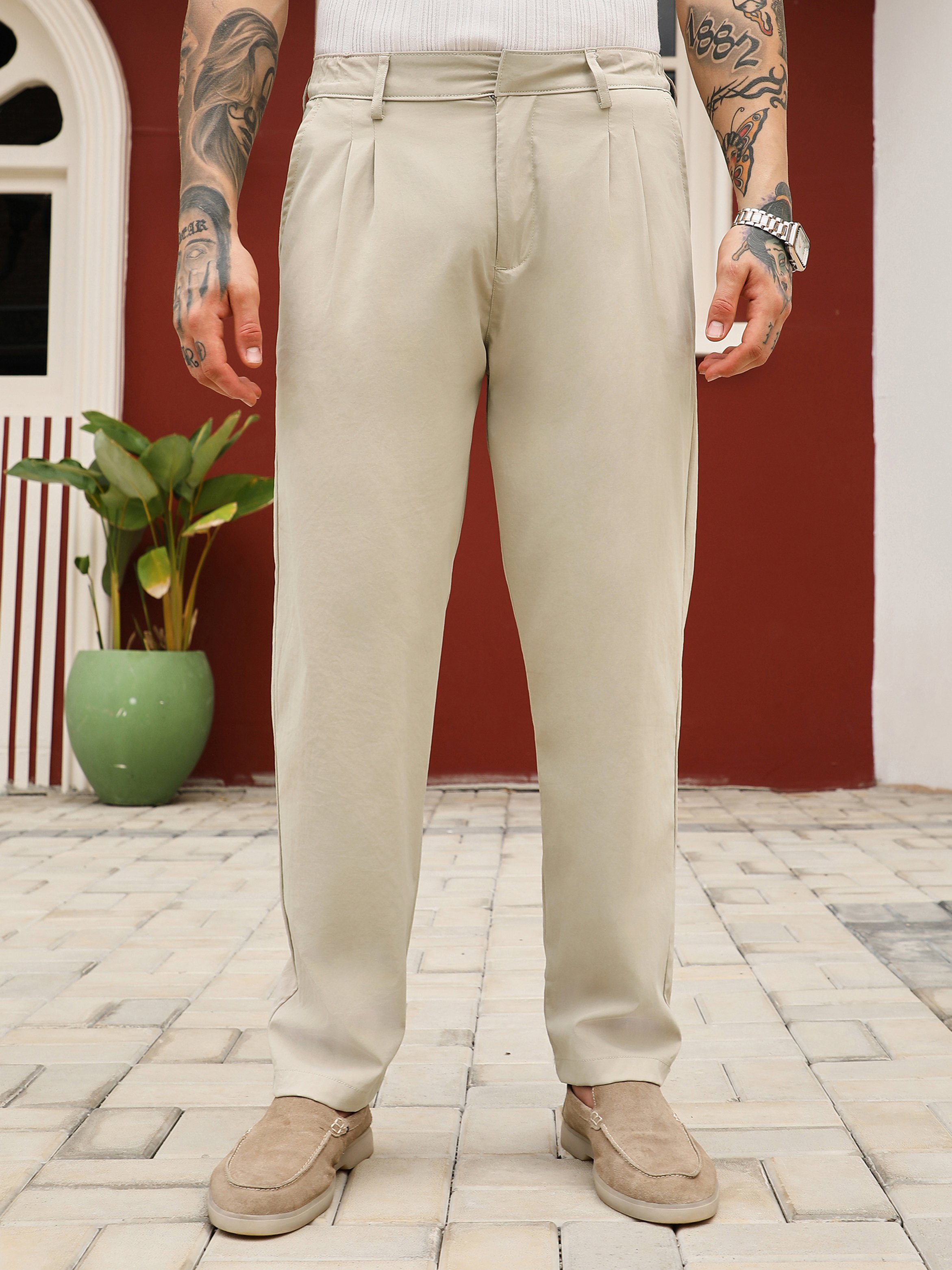 Men Saltbox Beige Double-Pleat Tailored Trousers