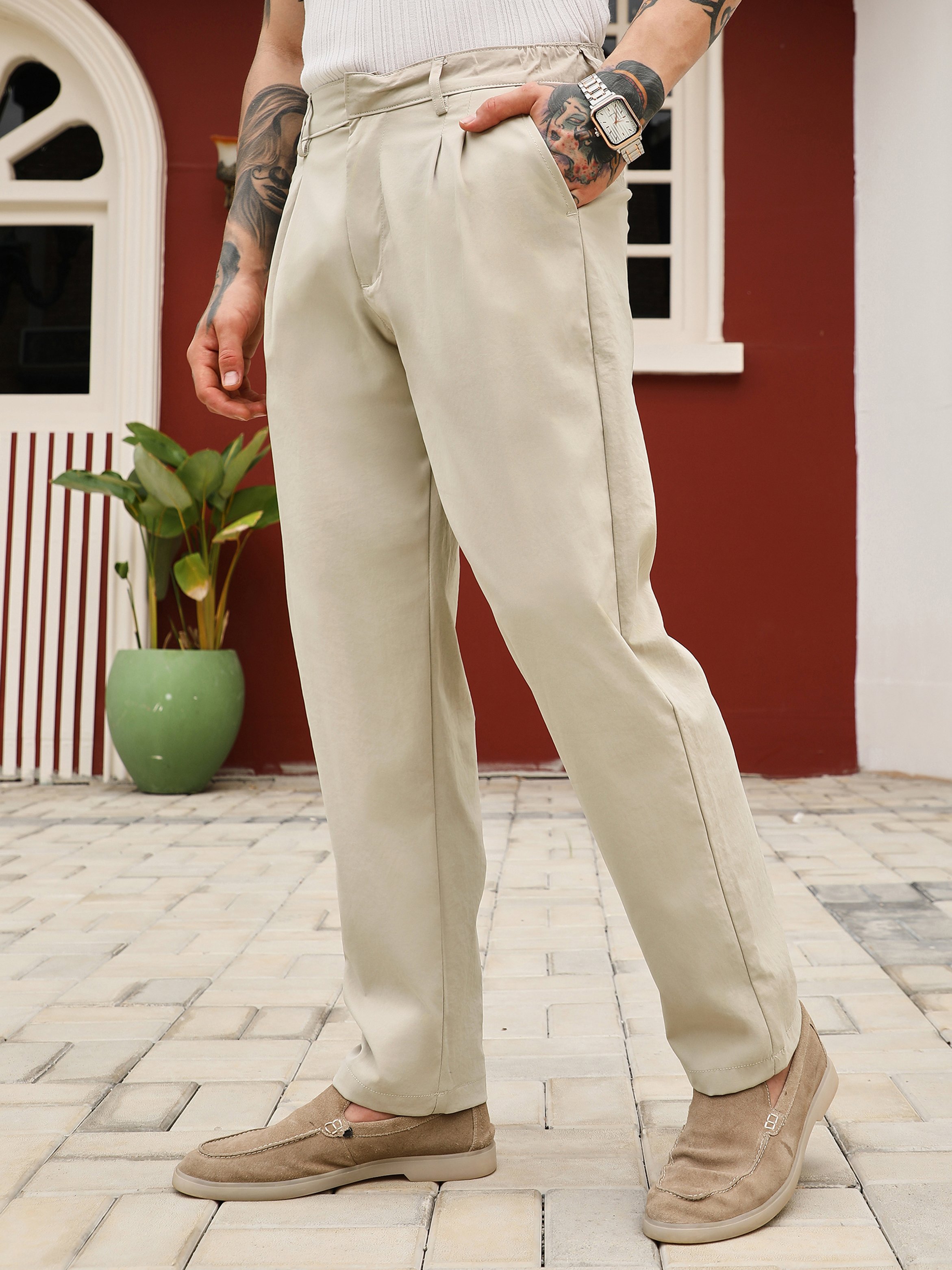 Men Saltbox Beige Double-Pleat Tailored Trousers