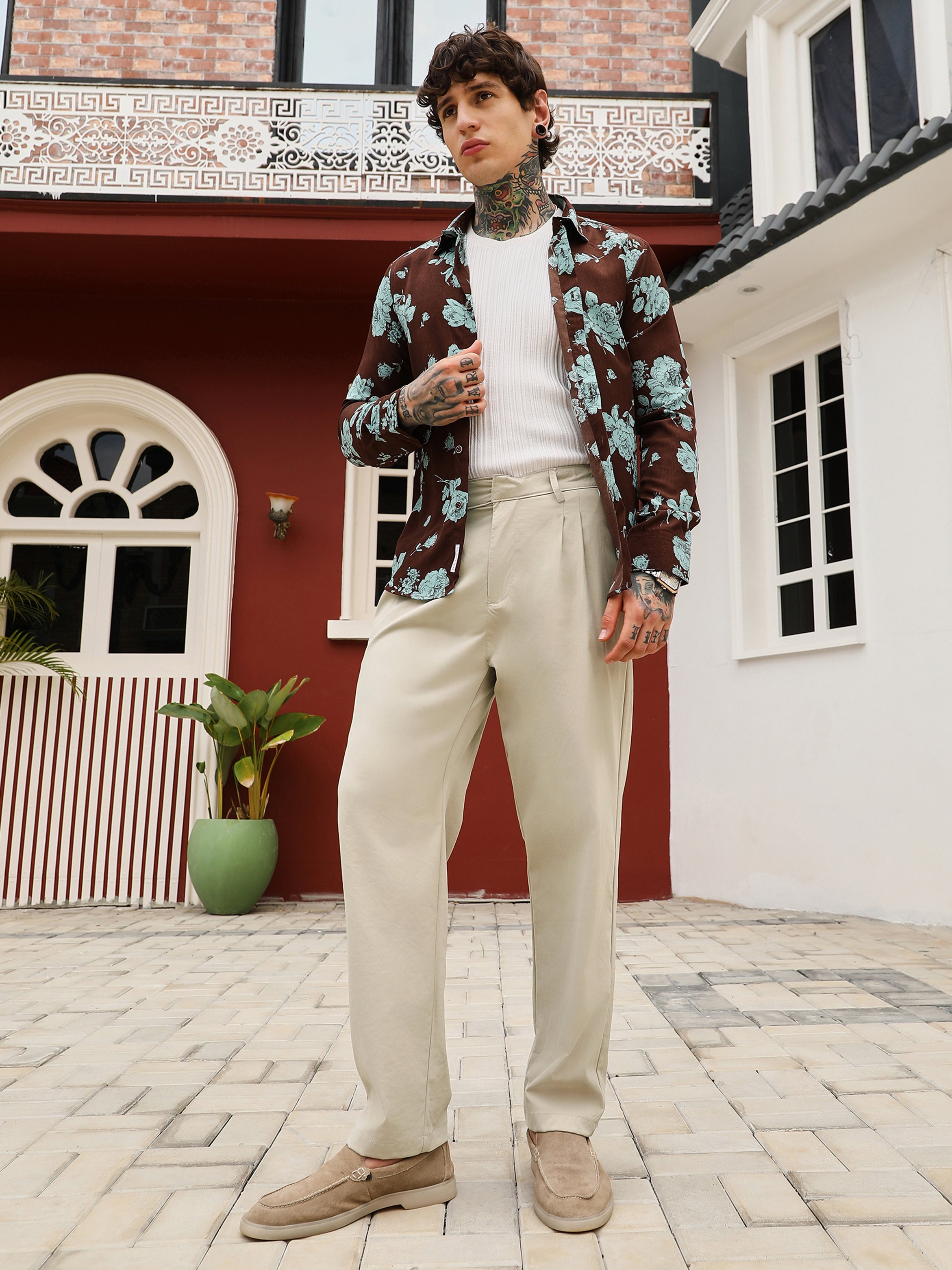 Men Saltbox Beige Double-Pleat Tailored Trousers