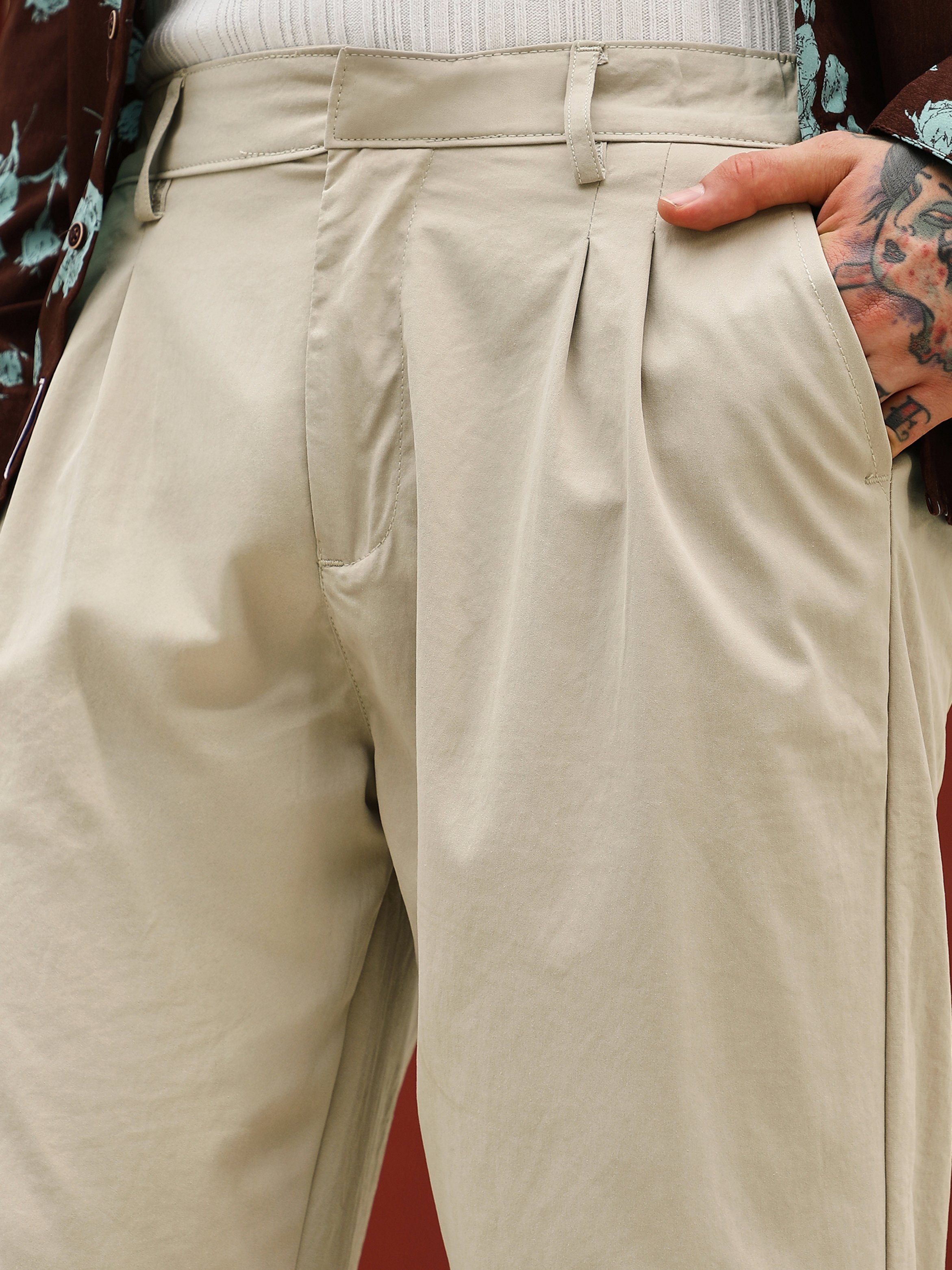 Men Saltbox Beige Double-Pleat Tailored Trousers