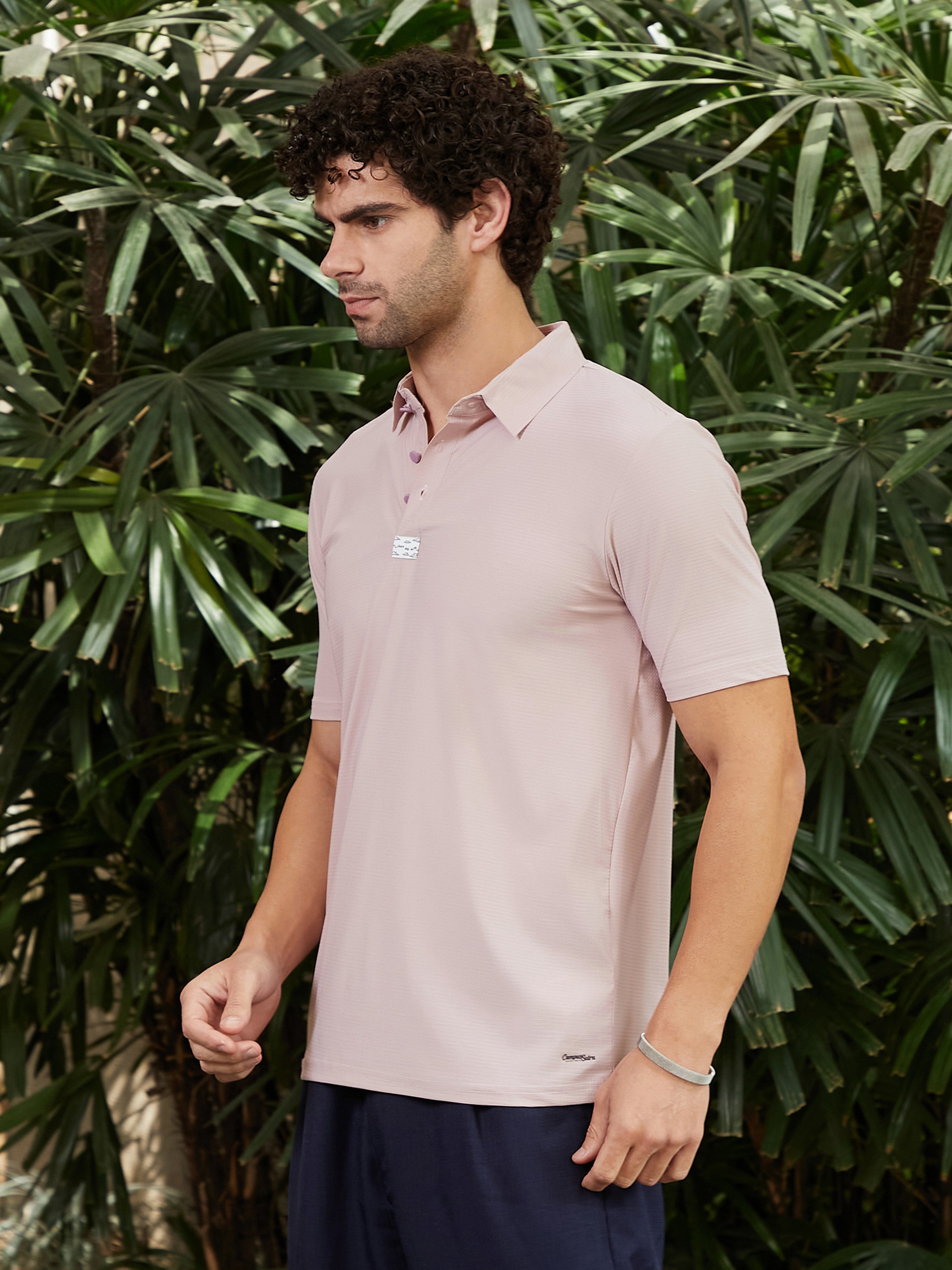 Men Pink Seamless Waffle Polo T-Shirt