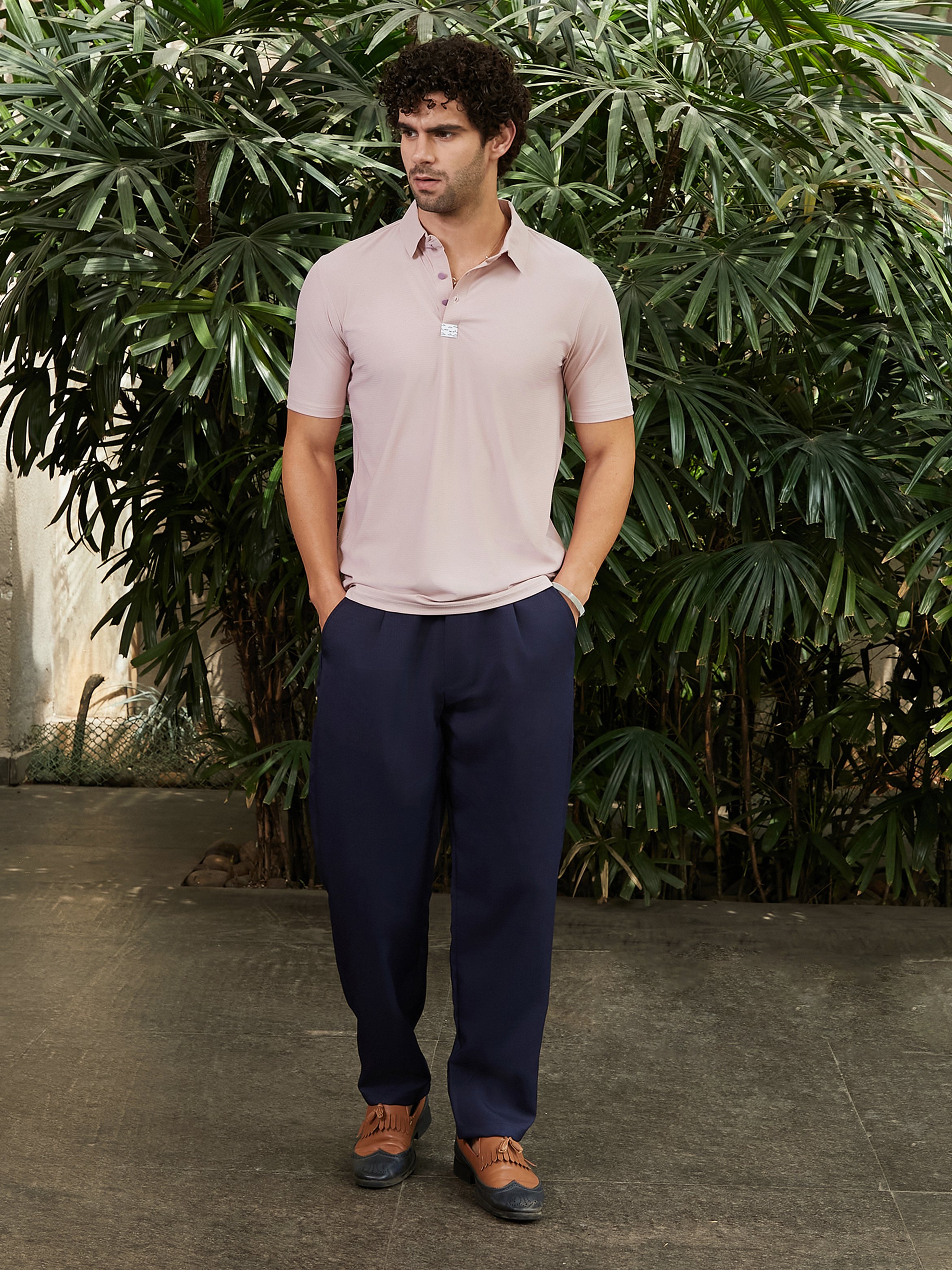 Men Pink Seamless Waffle Polo T-Shirt