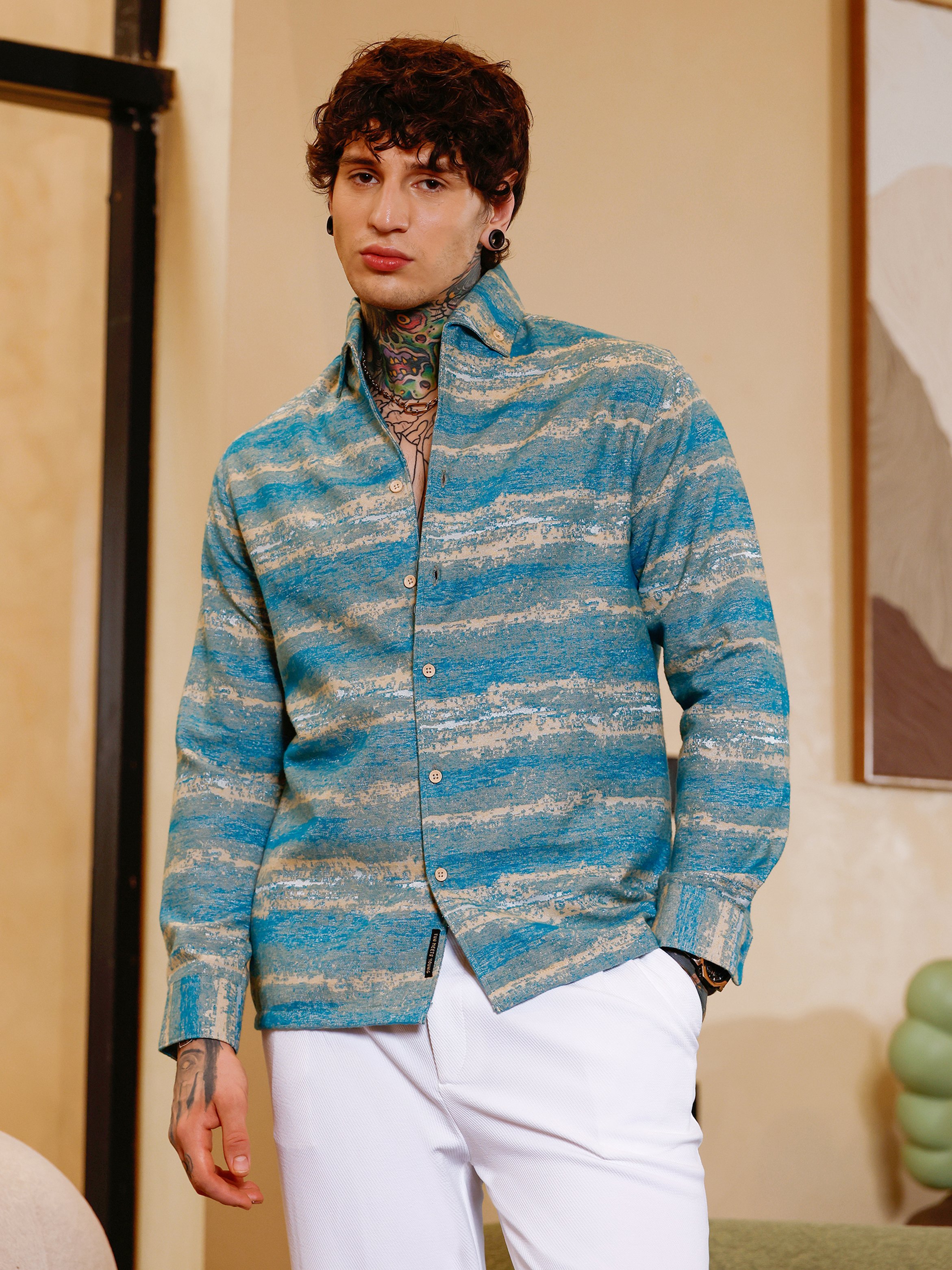 Men Sky Blue Gradient-Strokes Jacquard Shirt