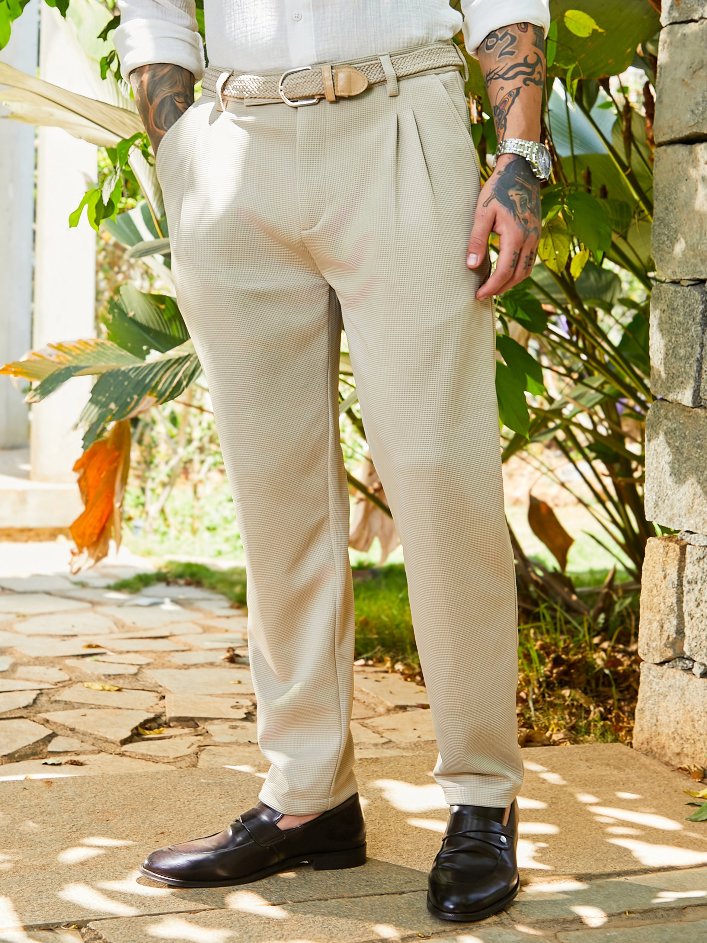 Men Saltbox Beige Micro-Waffle Chino Trousers